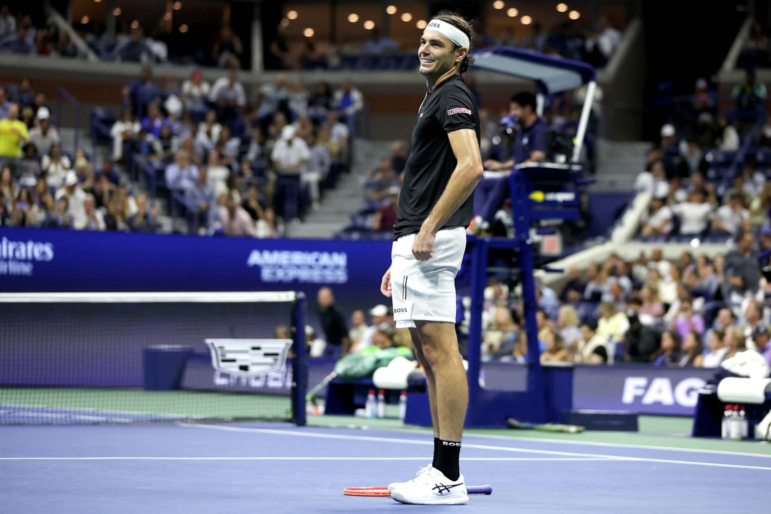 NEW YORK, NEW YORK - SEPTEMBER 06:  Taylor Fritz of the United States celebrates after defeating Frances Tiafoe of the United States in their Men's Singles Semifinal match on Day Twelve of the 2024 US Open at USTA Billie Jean King National Tennis Center on September 06, 2024 in the Flushing neighborhood of the Queens borough of New York City. (Photo by Matthew Stockman/Getty Images)