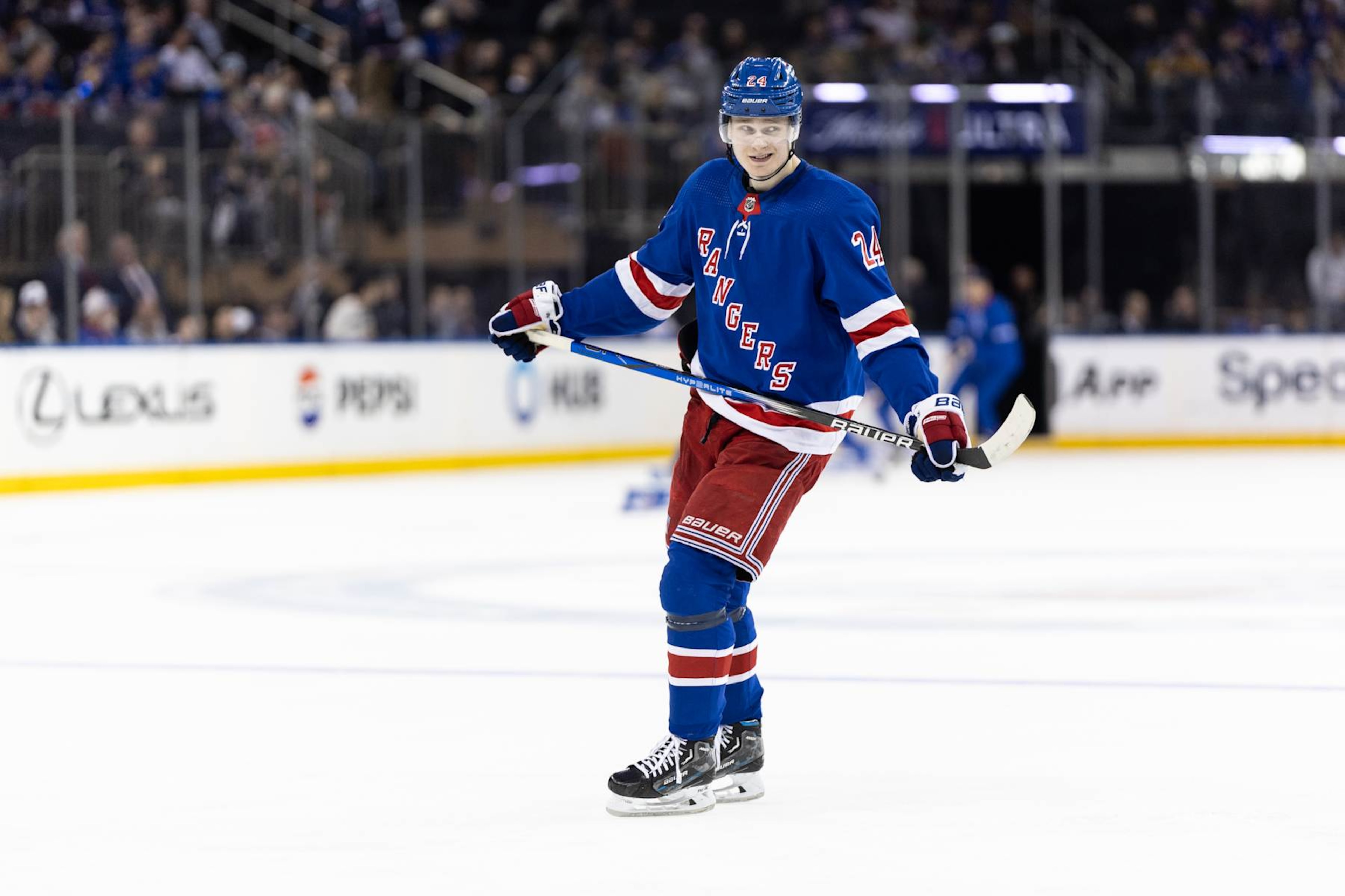 NEW YORK, NEW YORK - APRIL 11: Kaapo Kakko #24 of the New York Rangers looks on during the third period against the Philadelphia Flyers at Madison Square Garden on April 11, 2024 in New York City. (Photo by Dustin Satloff/Getty Images)