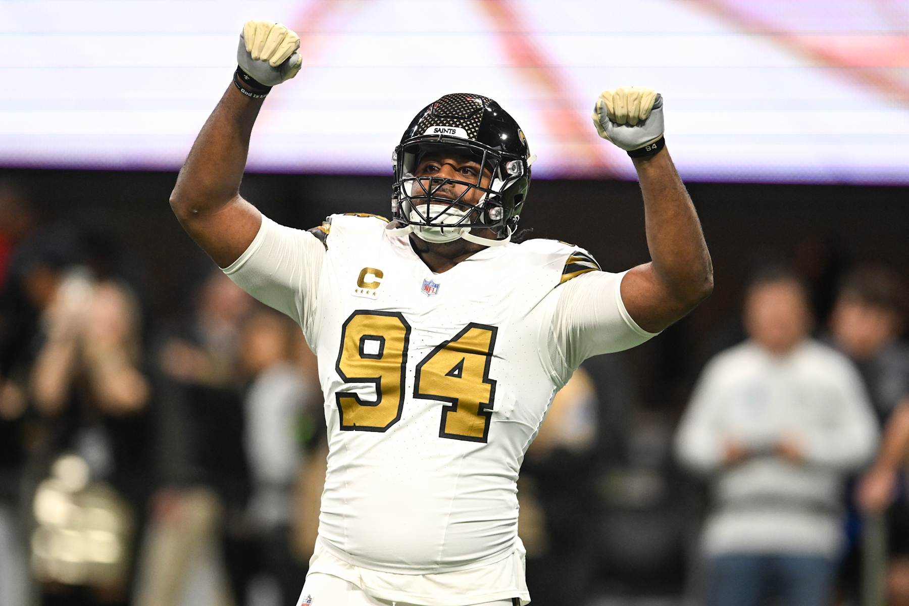 ATLANTA, GA  NOVEMBER 26:  New Orleans defensive end Cameron Jordan (94) warms up prior to the start of the NFL game between the New Orleans Saints and the Atlanta Falcons on November 26th, 2023 at Mercedes-Benz Stadium in Atlanta, GA.  (Photo by Rich von Biberstein/Icon Sportswire via Getty Images)