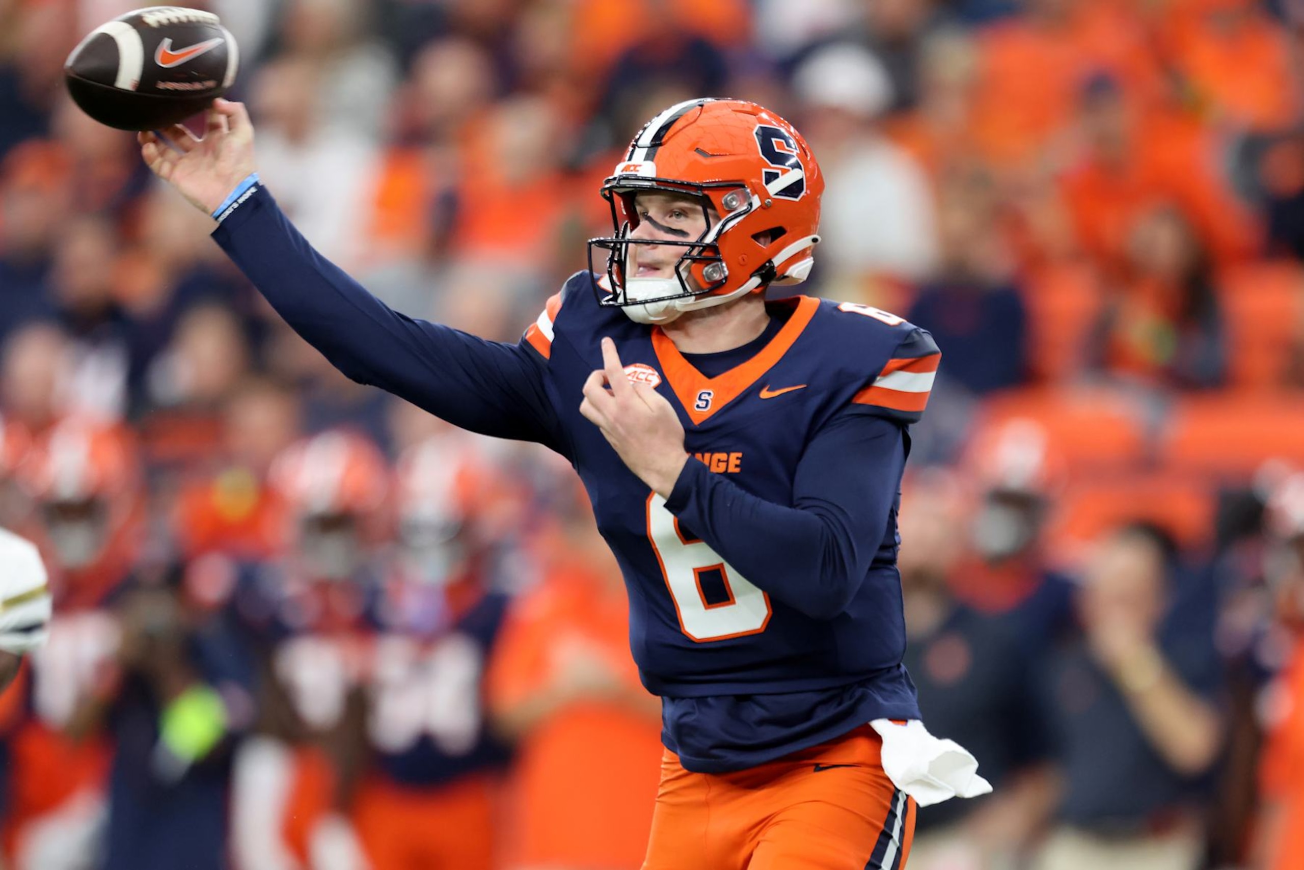 SYRACUSE, NEW YORK - SEPTEMBER 07: Kyle McCord #6 of the Syracuse Orange throws a pass during the first quarter against the Georgia Tech Yellow Jackets at JMA Wireless Dome on September 07, 2024 in Syracuse, New York. (Photo by Bryan Bennett/Getty Images)