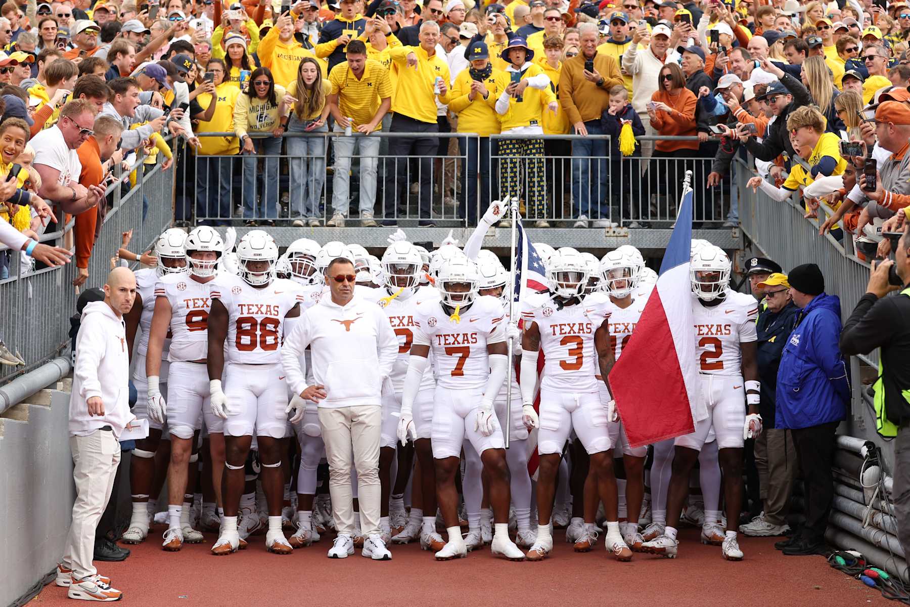 ANN ARBOR, MICHIGAN - SEPTEMBER 07: Head coach Steve Sarkisian of the Texas Longhorns prepares to lead his team onto the field prior to a game against the Michigan Wolverines at Michigan Stadium on September 07, 2024 in Ann Arbor, Michigan. (Photo by Gregory Shamus/Getty Images)