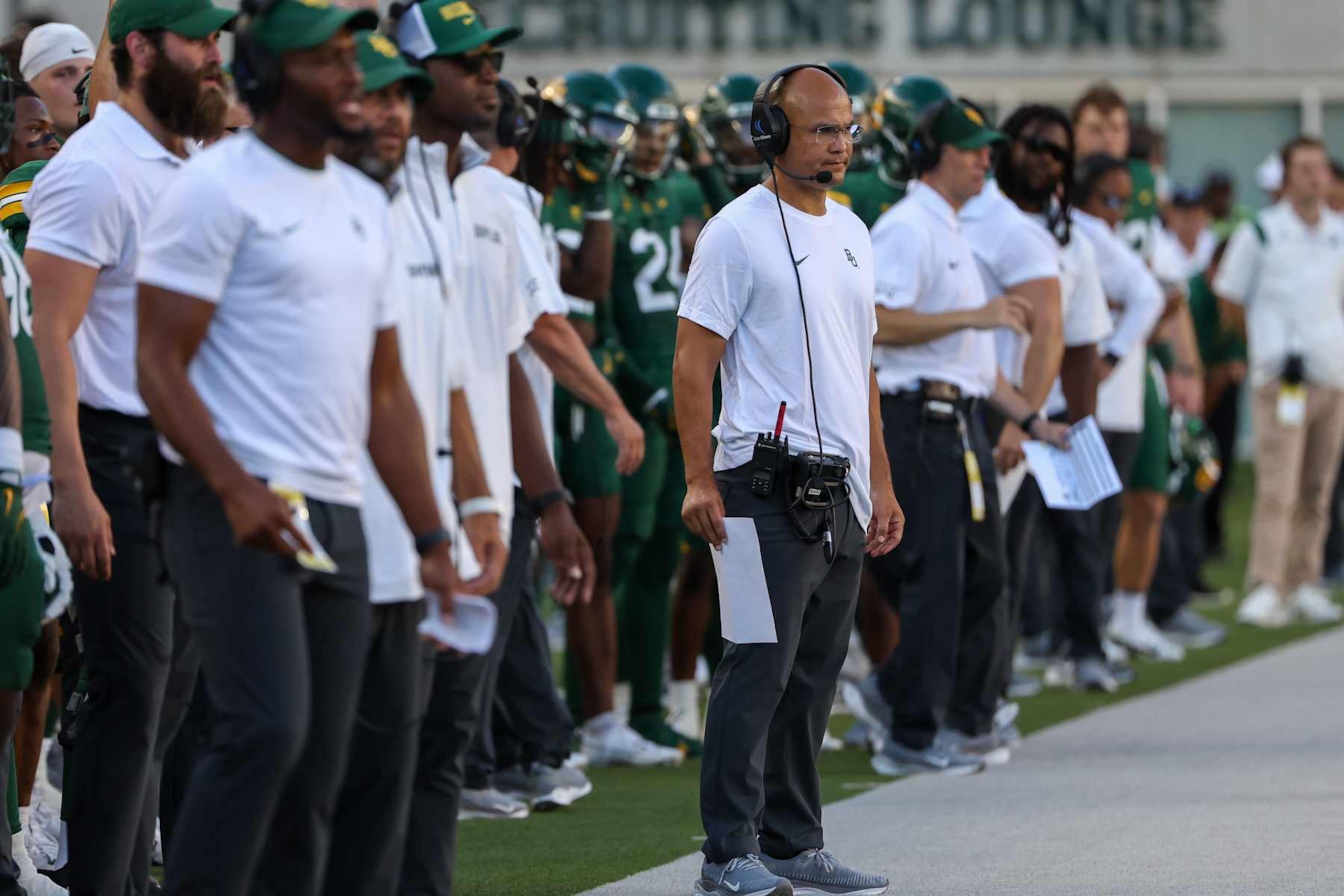 WACO, TX - AUGUST 31: Baylor Bears head coach Dave Aranda stands on the sidelines and watches play during the college football game between Baylor Bears and Tarleton State Texans on August 31, 2024, at McLane Stadium in Waco, TX.  (Photo by David Buono/Icon Sportswire via Getty Images)