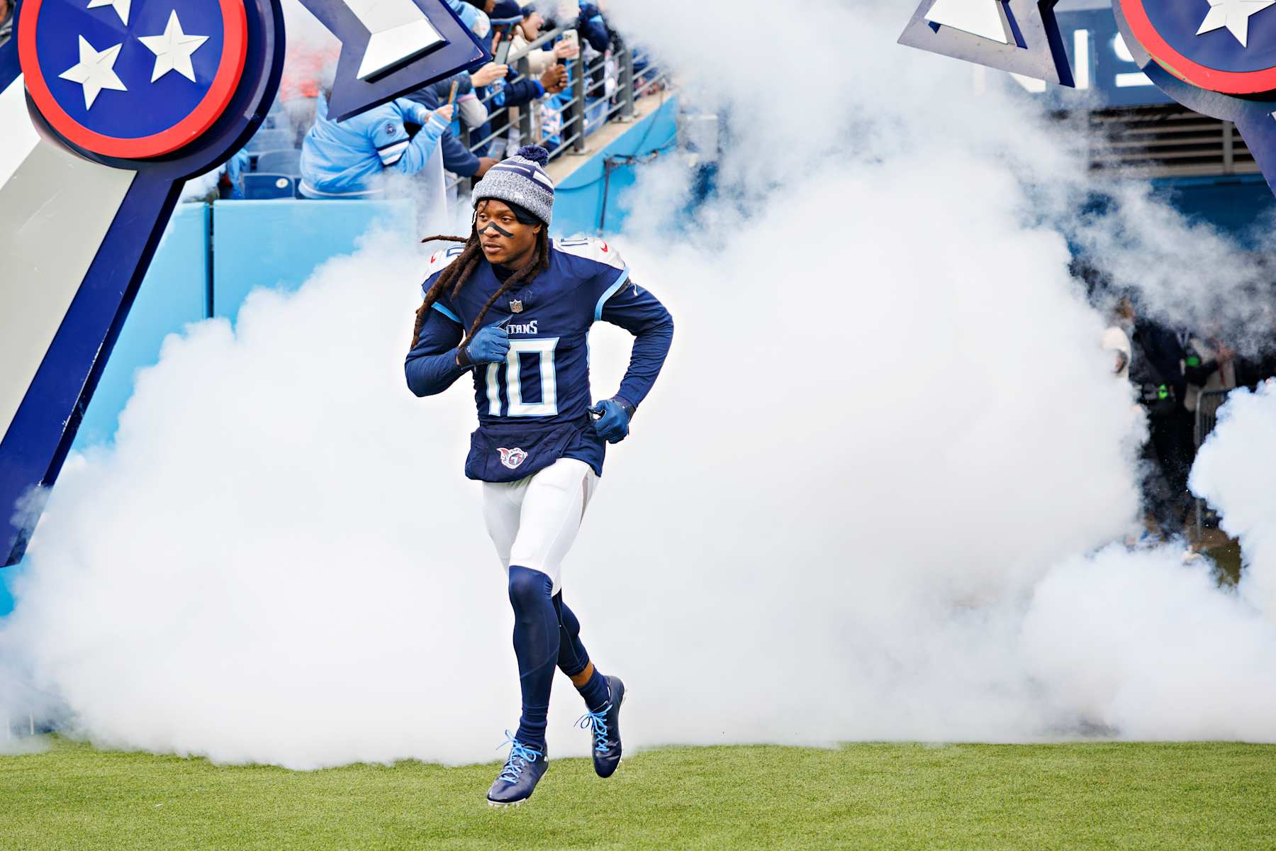 NASHVILLE TENNESSEE - JANUARY 07: DeAndre Hopkins #10 of the Tennessee Titans during introductions before the game against the Jacksonville Jaguars in Nashville, Tennessee at Nissan Stadium on January 7, 2024 in Houston, Texas. The Titans defeated the Jaguars 28-20.  (Photo by Wesley Hitt/Getty Images)