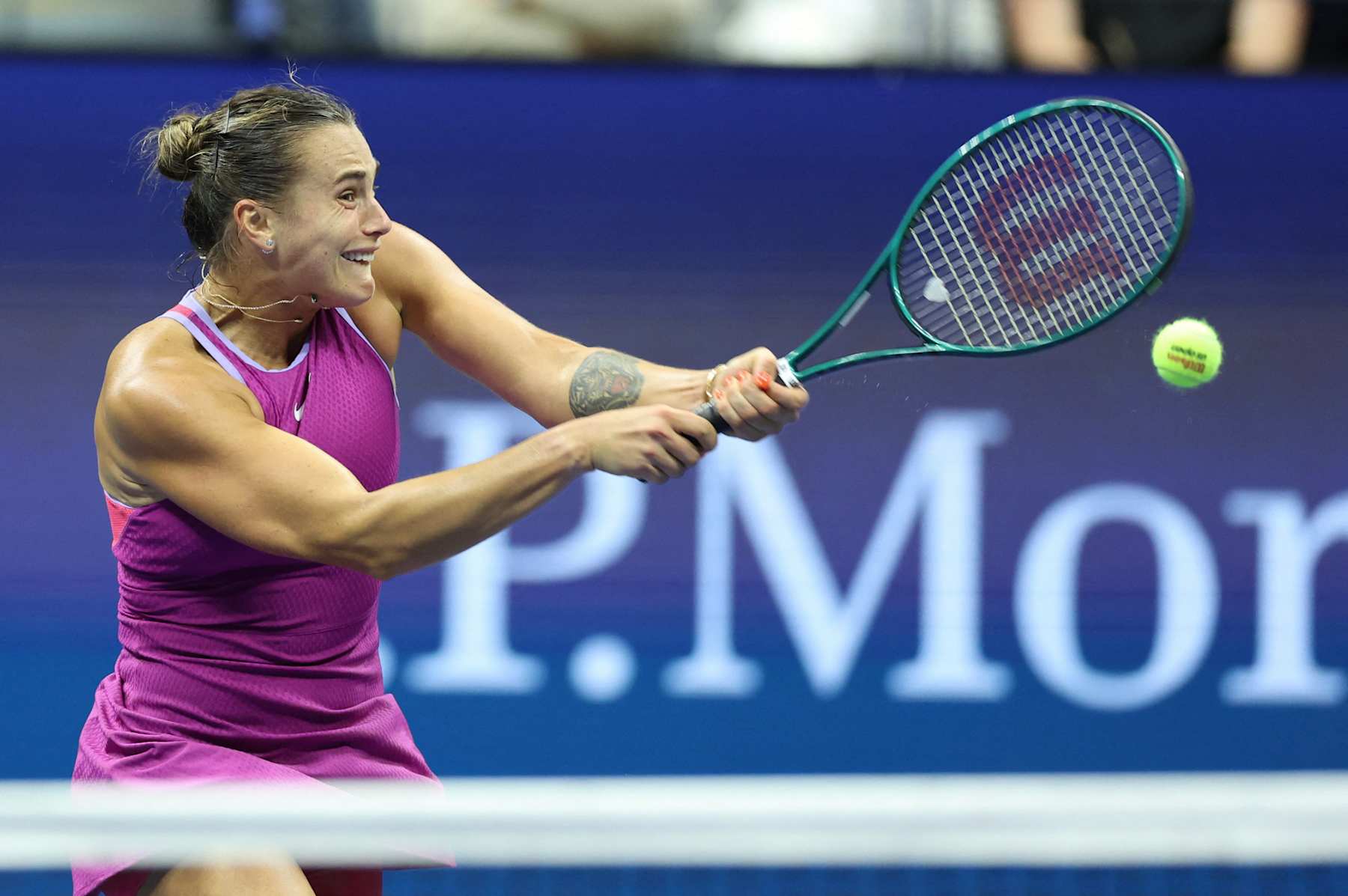 Belarus's Aryna Sabalenka plays a return to USA's Jessica Pegula during their women's final match on day thirteen of the US Open tennis tournament at the USTA Billie Jean King National Tennis Center in New York City, on September 7, 2024. (Photo by CHARLY TRIBALLEAU / AFP) (Photo by CHARLY TRIBALLEAU/AFP via Getty Images)