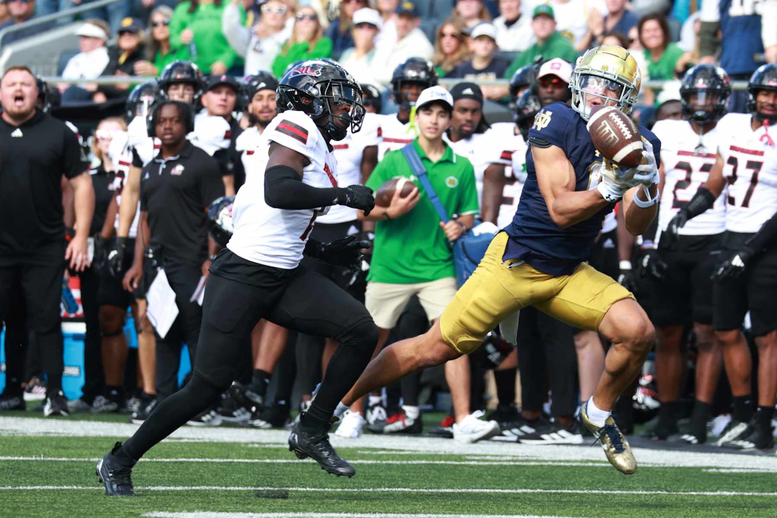 SOUTH BEND, IN - SEPTEMBER 07: Notre Dame Fighting Irish wide receiver Jaden Greathouse (1) drops a pass against the Northern Illinois Huskies on September 7, 2024, at Notre Dame Stadium in South Bend, Indiana. (Photo by Brian Spurlock/Icon Sportswire via Getty Images)