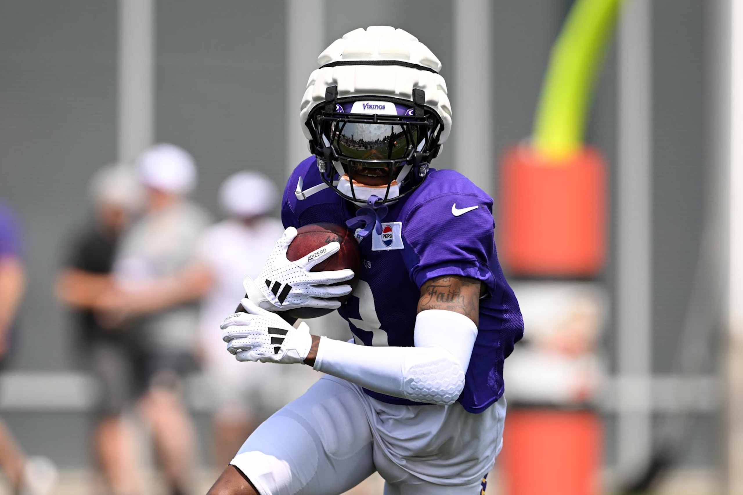 BEREA, OHIO - AUGUST 14: Jordan Addison #3 of the Minnesota Vikings runs a drill during a joint training camp practice with the Cleveland Browns at CrossCountry Mortgage Campus on August 14, 2024 in Berea, Ohio. (Photo by Nick Cammett/Getty Images)