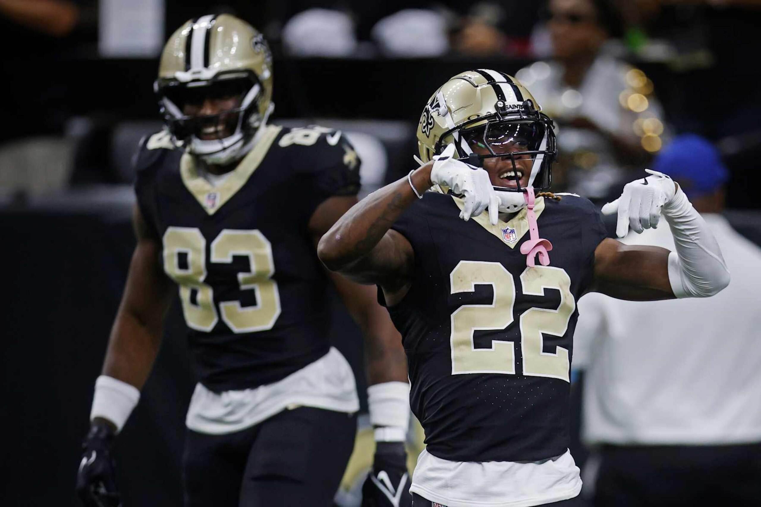 NEW ORLEANS, LOUISIANA - SEPTEMBER 08: Rashid Shaheed #22 of the New Orleans Saints celebrates after a receiving touchdown during the first quarter against the Carolina Panthers at Caesars Superdome on September 08, 2024 in New Orleans, Louisiana. (Photo by Chris Graythen/Getty Images)