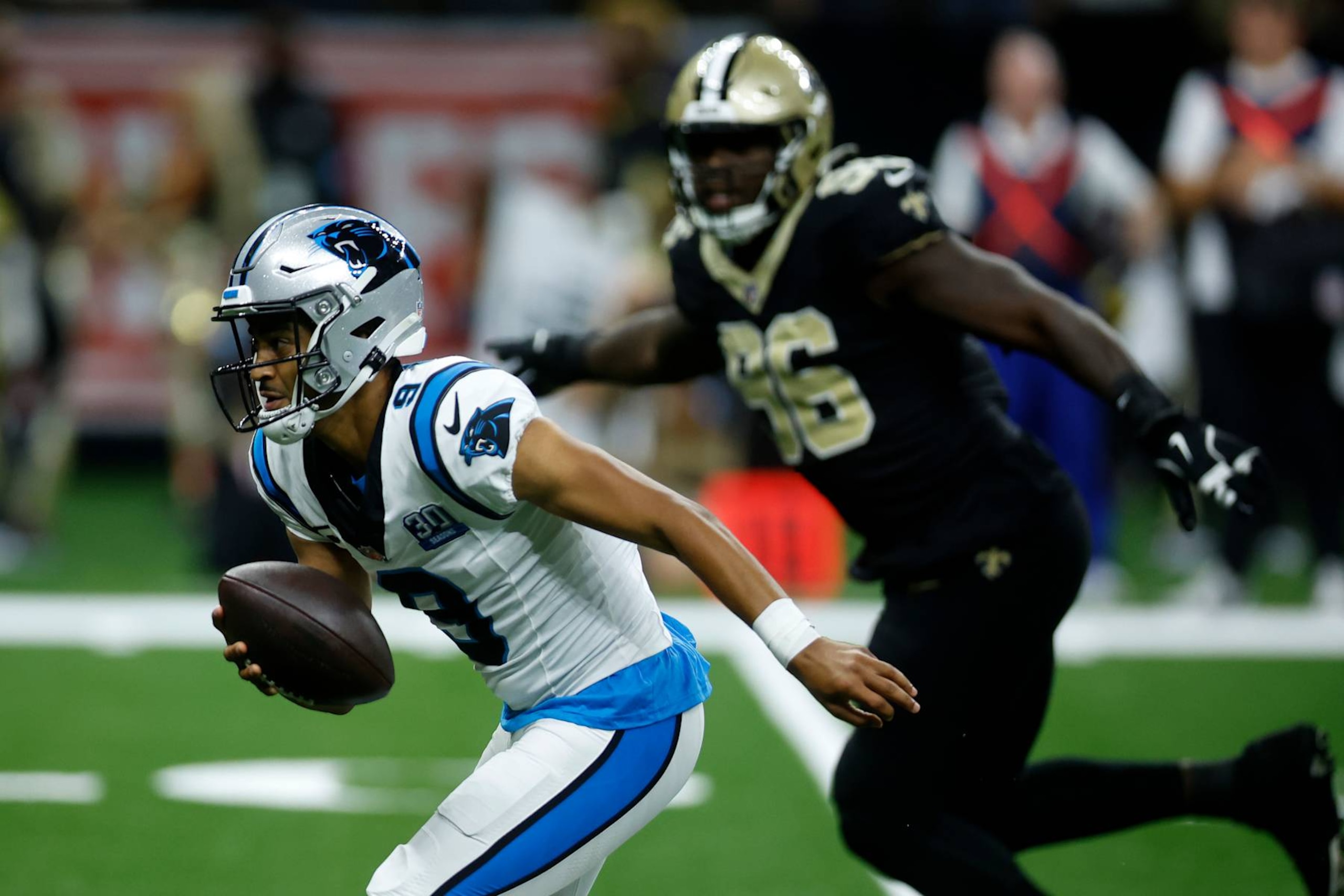 NEW ORLEANS, LOUISIANA - SEPTEMBER 08: Bryce Young #9 of the Carolina Panthers in action against the New Orleans Saints at Caesars Superdome on September 08, 2024 in New Orleans, Louisiana. (Photo by Chris Graythen/Getty Images)