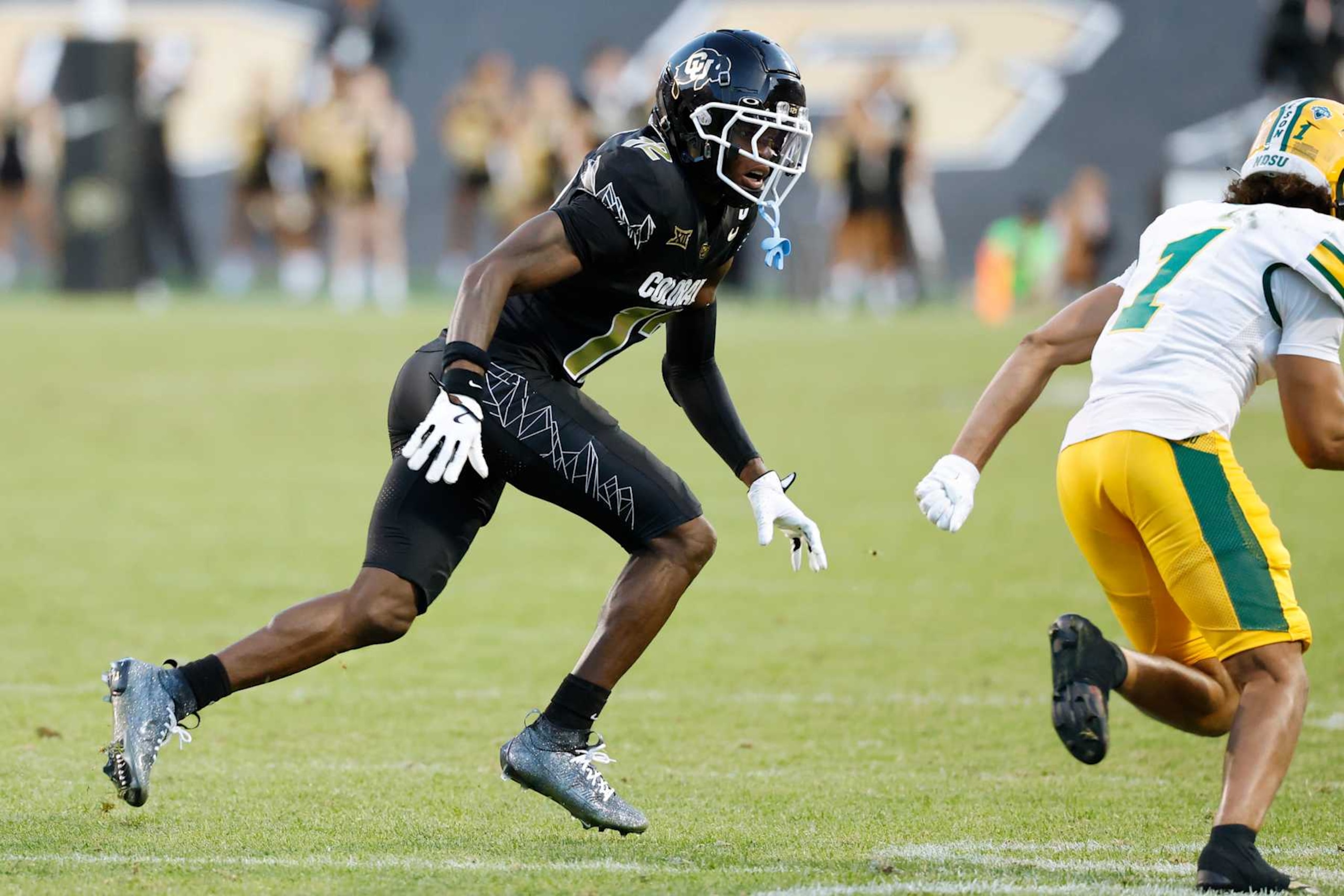 BOULDER, CO - AUGUST 29: Colorado Buffaloes cornerback Travis Hunter (12) drops into coverage on defense during a college football game against the North Dakota State Bison on August 29, 2024 at Folsom Field in Boulder, Colorado. (Photo by Joe Robbins/Icon Sportswire via Getty Images)