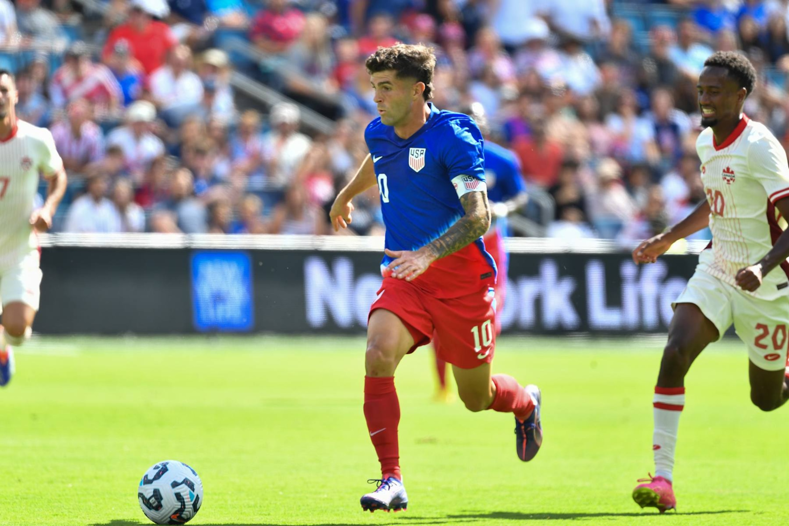 KANSAS CITY, KANSAS - SEPTEMBER 07: Christian Pulisic #10 of the United States dribbles the ball during an international friendly between the United States and Canada at Children's Mercy Park on September 07, 2024 in Kansas City, Kansas. (Photo by Bill Barrett/ISI Photos/USSF/Getty Images)