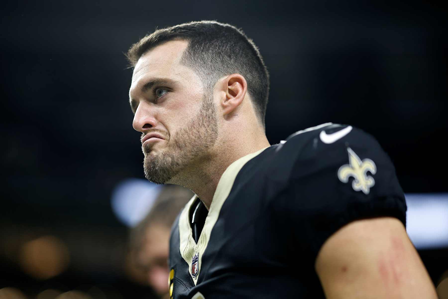 NEW ORLEANS, LOUISIANA - SEPTEMBER 08: Derek Carr #4 of the New Orleans Saints looks on after playing the Carolina Panthers at Caesars Superdome on September 08, 2024 in New Orleans, Louisiana. (Photo by Chris Graythen/Getty Images)
