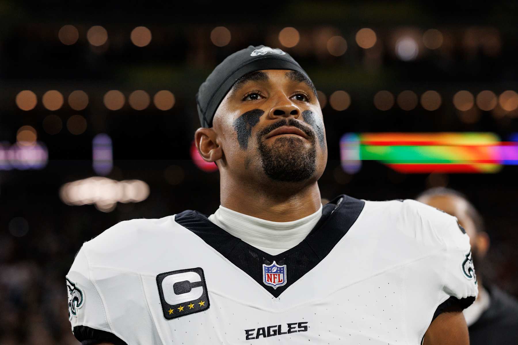 SÃO PAULO, BRAZIL - SEPTEMBER 6: Quarterback Jalen Hurts #1 of the Philadelphia Eagles stands on the sidelines during the national anthem prior to an NFL football game against the Green Bay Packers, at Arena Corinthians on September 6, 2024 in Sao Paulo, Brazil. (Photo by Brooke Sutton/Getty Images)