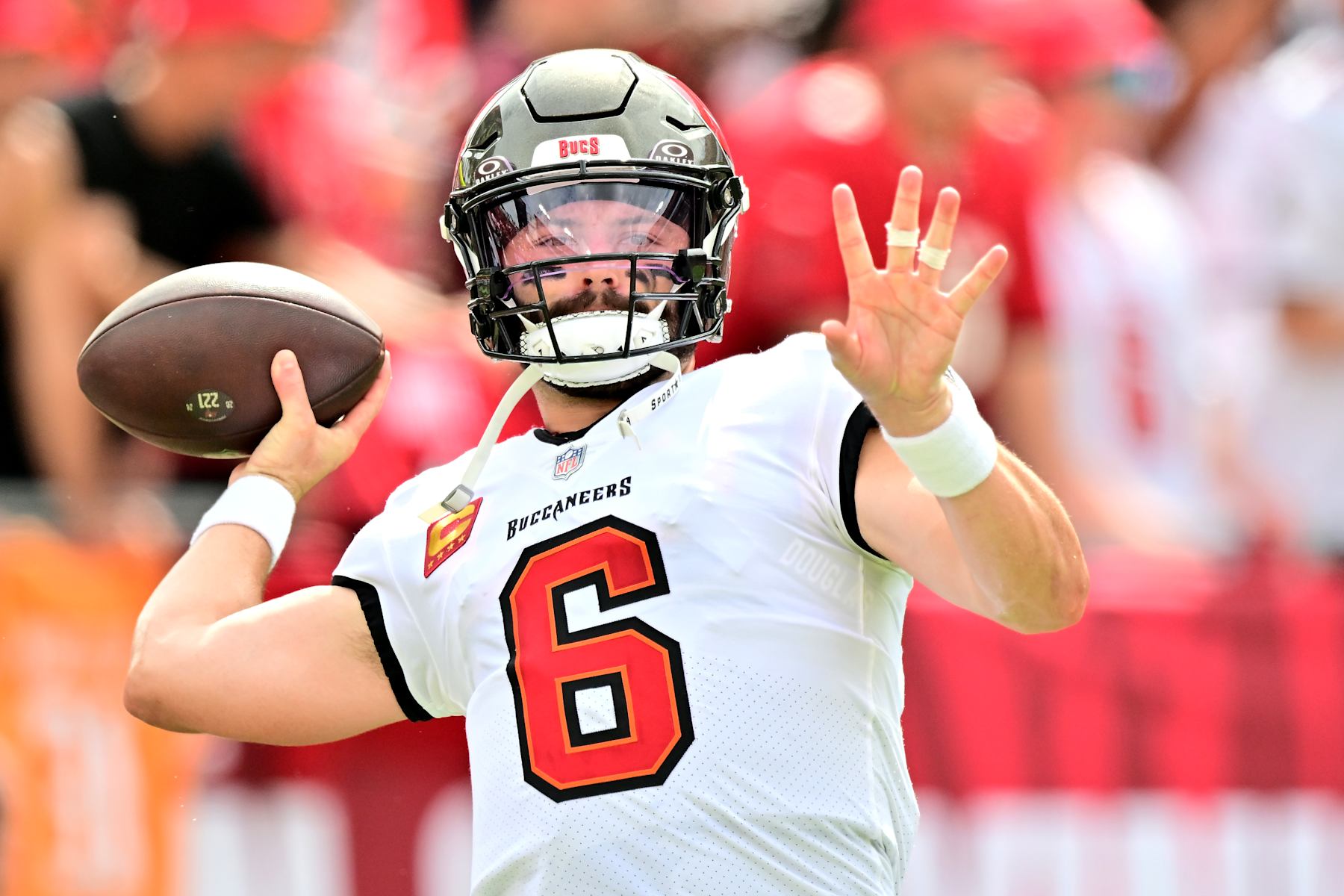 TAMPA, FLORIDA - SEPTEMBER 08: Baker Mayfield #6 of the Tampa Bay Buccaneers warms-up prior to a game against the Washington Commanders at Raymond James Stadium on September 08, 2024 in Tampa, Florida. (Photo by Julio Aguilar/Getty Images)