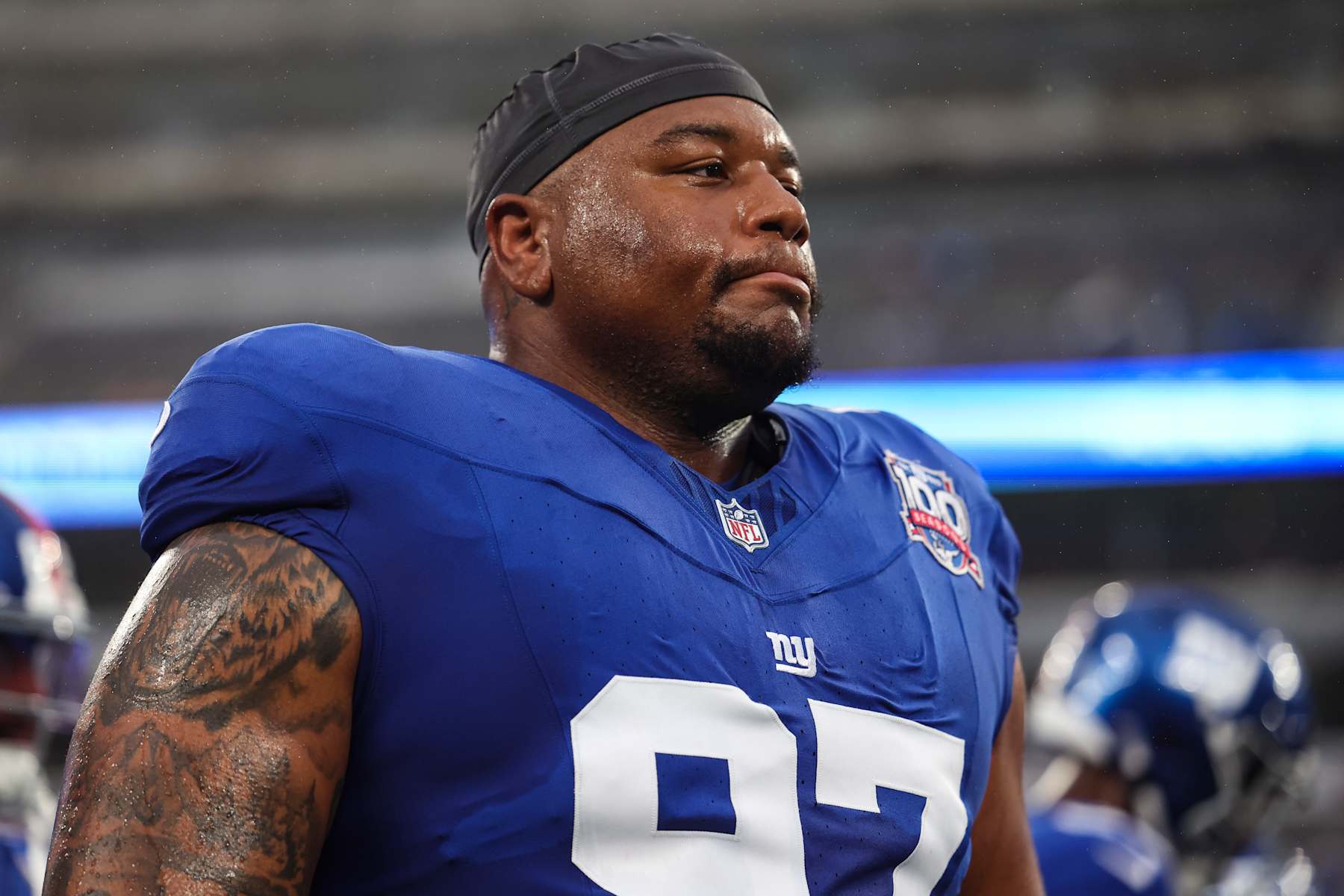 EAST RUTHERFORD, NJ - AUGUST 08: Dexter Lawrence II #97 of the New York Giants warms up prior to an NFL football game against the Detroit Lions at MetLife Stadium on August 8, 2024 in East Rutherford, NJ. (Photo by Perry Knotts/Getty Images)