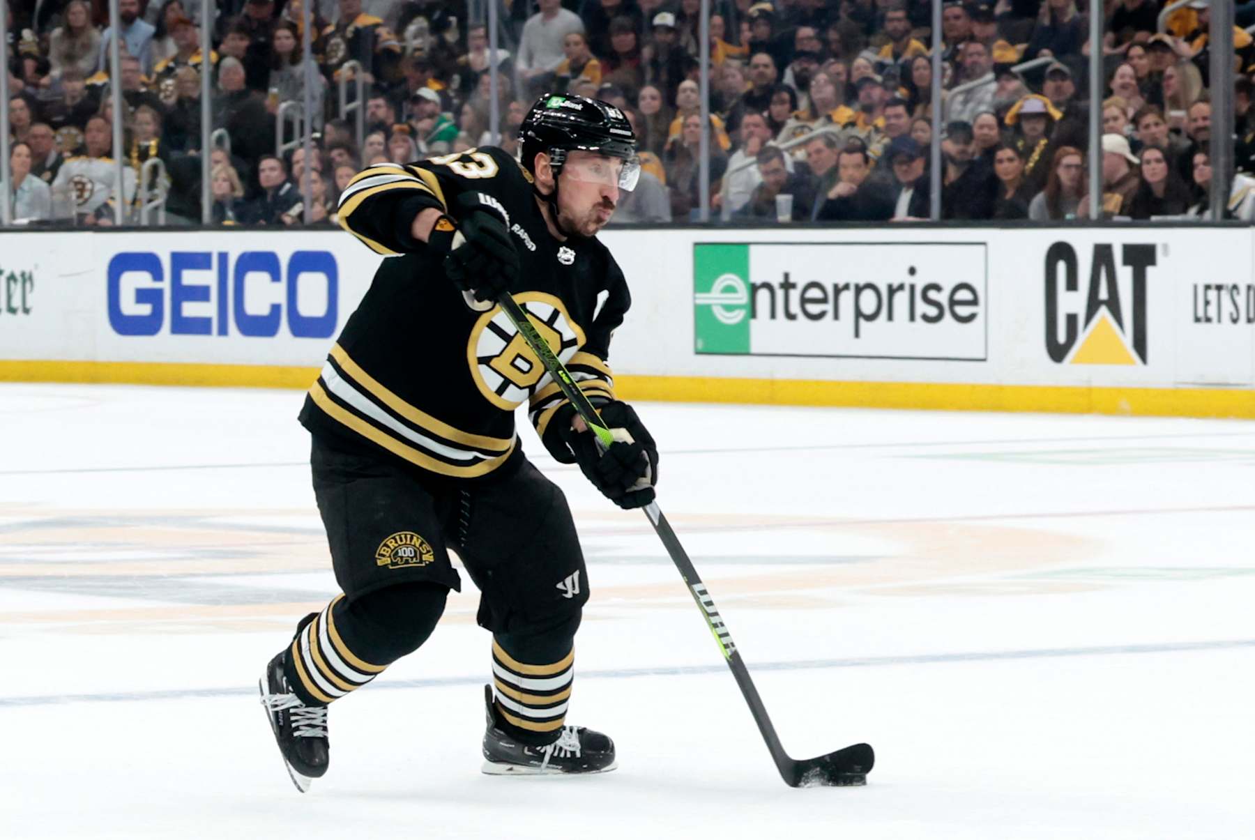 BOSTON, MA - MAY 17: Boston Bruins left wing Brad Marchand (63) takes a shot during Game 6 of the Eastern Conference Second Round playoffs between the Boston Bruins and the Florida Panthers  on May 17, 2024, at TD Garden in Boston, Massachusetts.(Photo by Fred Kfoury III/Icon Sportswire via Getty Images)
