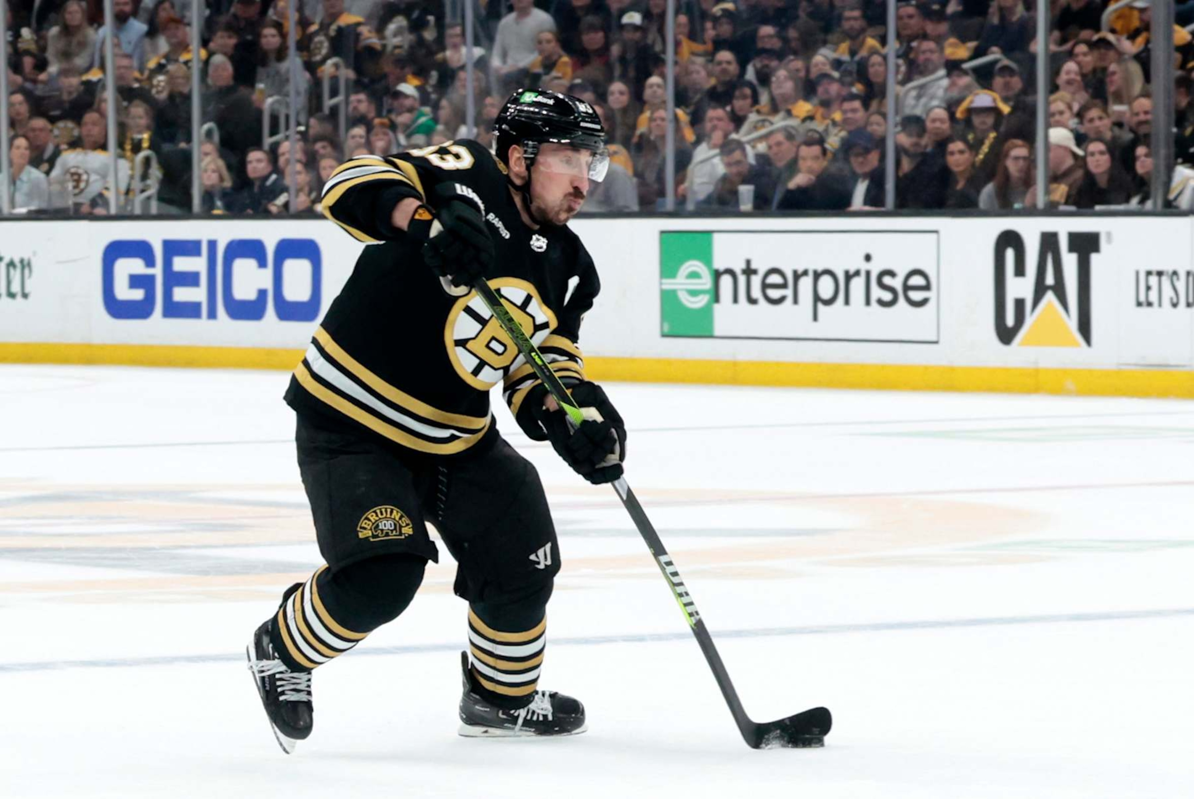 BOSTON, MA - MAY 17: Boston Bruins left wing Brad Marchand (63) takes a shot during Game 6 of the Eastern Conference Second Round playoffs between the Boston Bruins and the Florida Panthers  on May 17, 2024, at TD Garden in Boston, Massachusetts.(Photo by Fred Kfoury III/Icon Sportswire via Getty Images)