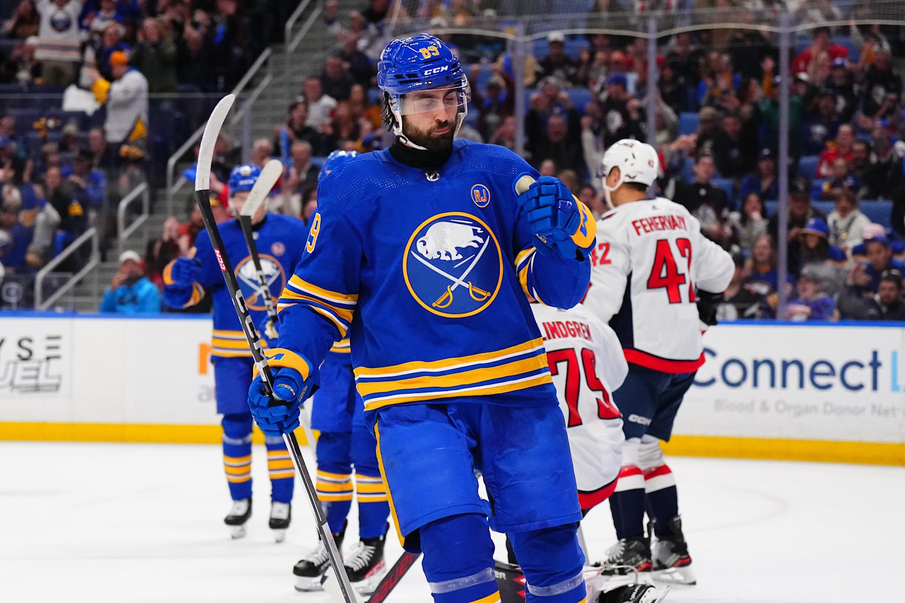 BUFFALO, NEW YORK - APRIL 11: Alex Tuch #89 of the Buffalo Sabres celebrates after scoring a second period goal during an NHL game against the Washington Capitals on April 11, 2024 at KeyBank Center in Buffalo, New York. (Photo by Ben Ludeman/NHLI via Getty Images)