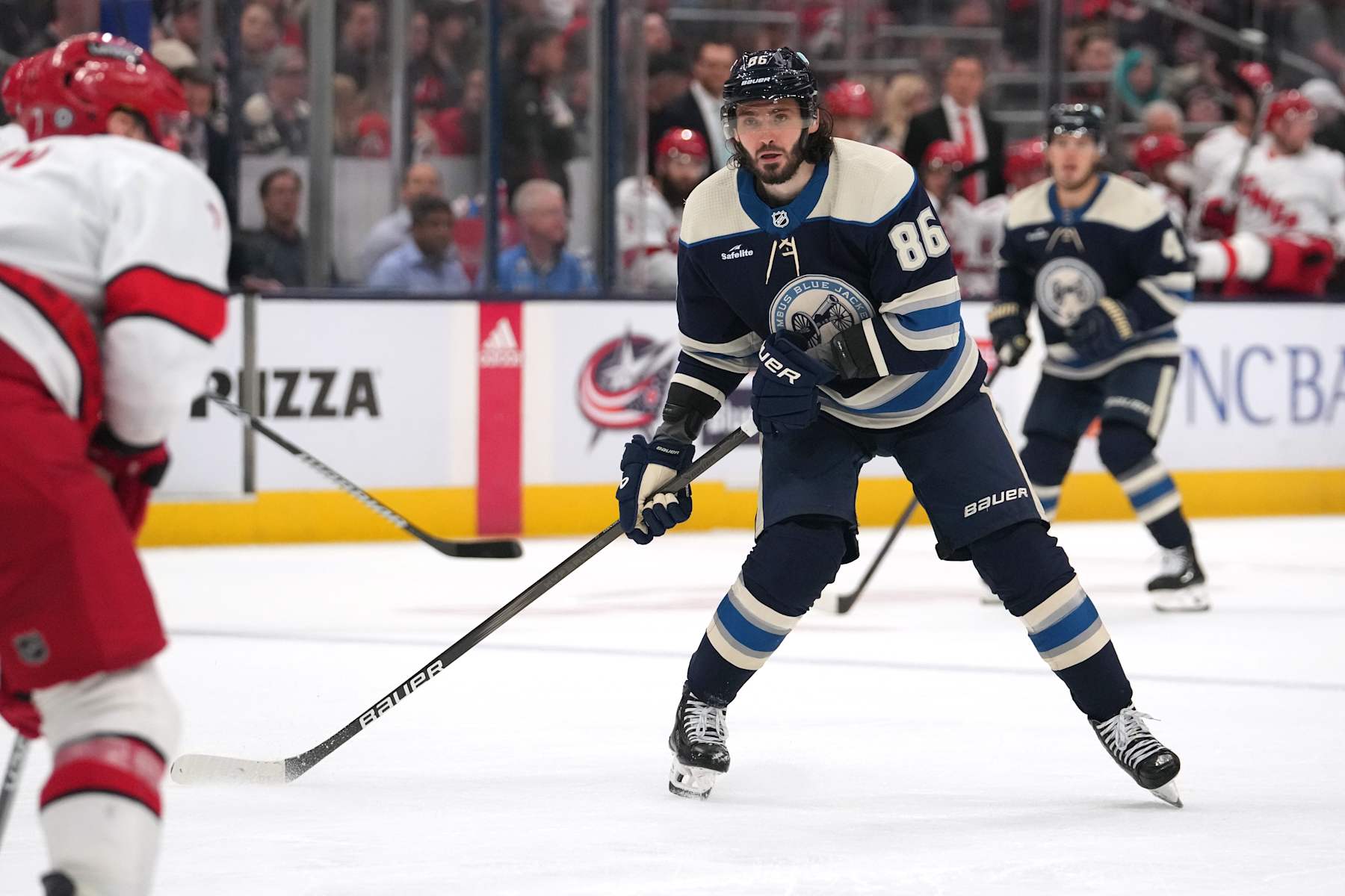 COLUMBUS, OHIO - APRIL 16: Kirill Marchenko #86 of the Columbus Blue Jackets skates during the second period against the Carolina Hurricanes at Nationwide Arena on April 16, 2024 in Columbus, Ohio. (Photo by Jason Mowry/Getty Images)