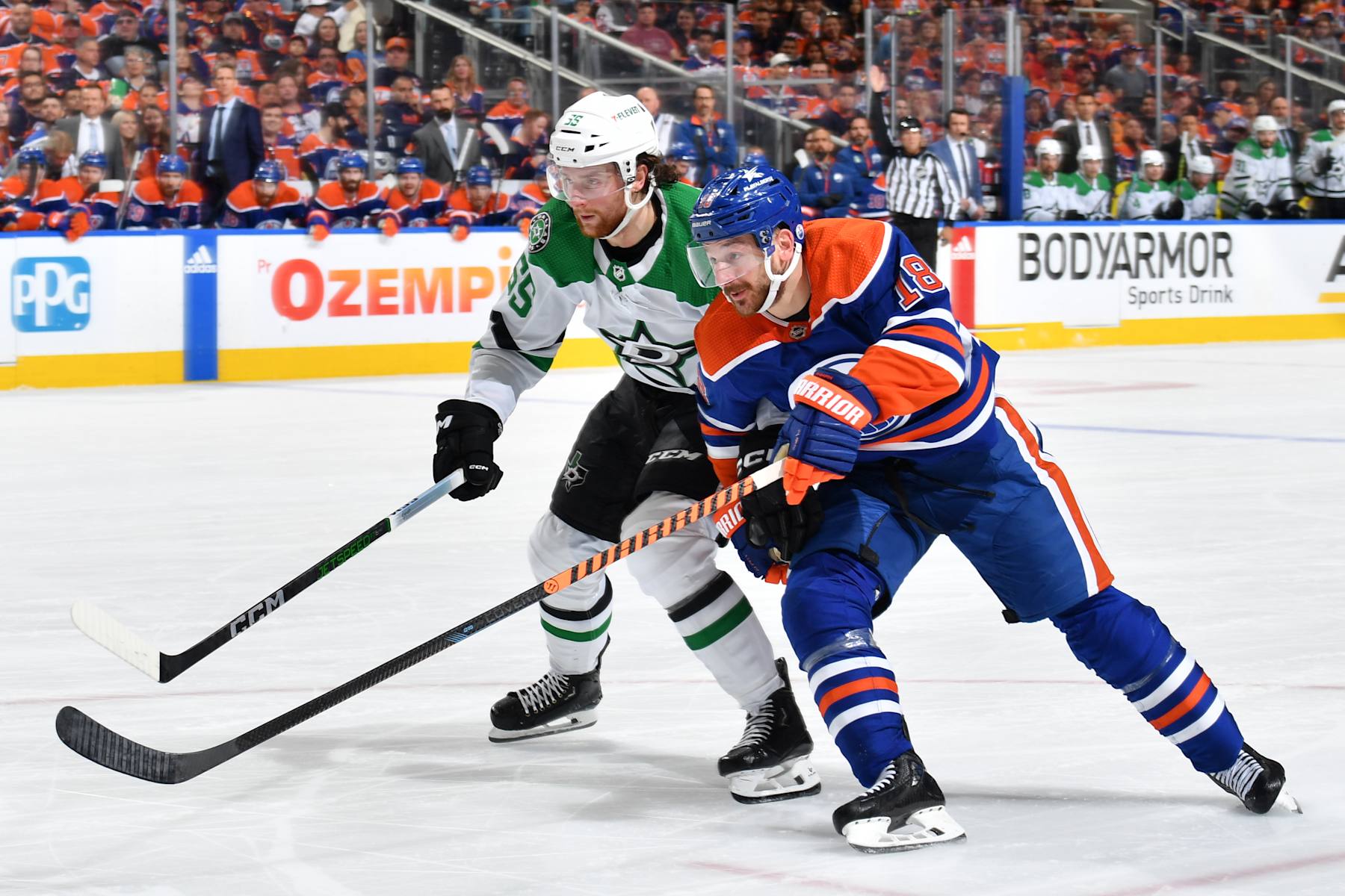 EDMONTON, CANADA - JUNE 02: Zach Hyman #18 of the Edmonton Oilers skates against Thomas Harley #55 of the Dallas Stars in Game Six of the Western Conference Final of the 2024 Stanley Cup Playoffs at Rogers Place on June 2, 2024, in Edmonton, Alberta, Canada. (Photo by Andy Devlin/NHLI via Getty Images)