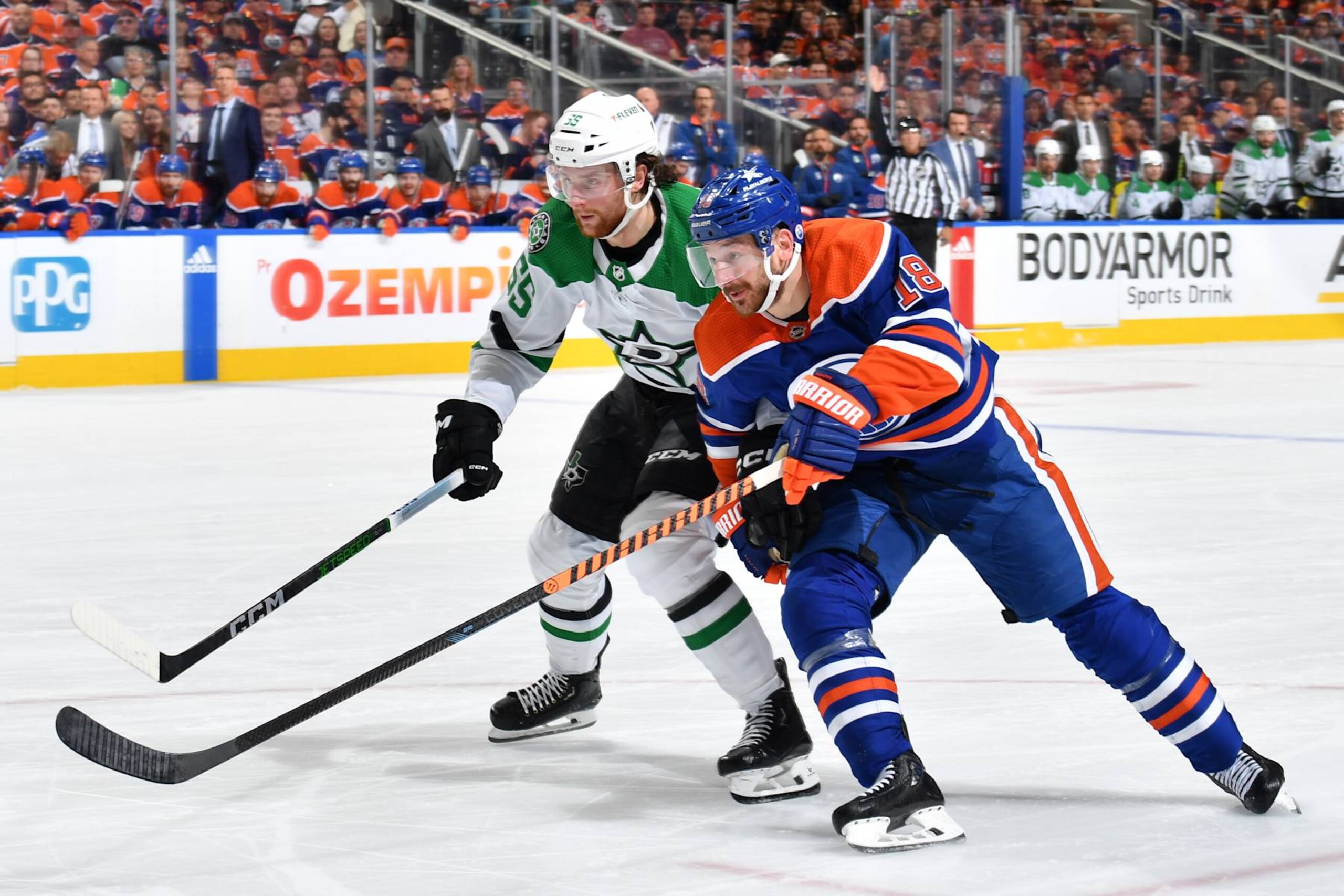 EDMONTON, CANADA - JUNE 02: Zach Hyman #18 of the Edmonton Oilers skates against Thomas Harley #55 of the Dallas Stars in Game Six of the Western Conference Final of the 2024 Stanley Cup Playoffs at Rogers Place on June 2, 2024, in Edmonton, Alberta, Canada. (Photo by Andy Devlin/NHLI via Getty Images) EDMONTON, CANADA - JUNE 02: Zach Hyman #18 of the Edmonton Oilers skates against Thomas Harley #55 of the Dallas Stars in Game Six of the Western Conference Final of the 2024 Stanley Cup Playoffs at Rogers Place on June 2, 2024, in Edmonton, Alberta, Canada. (Photo by Andy Devlin/NHLI via Getty Images)