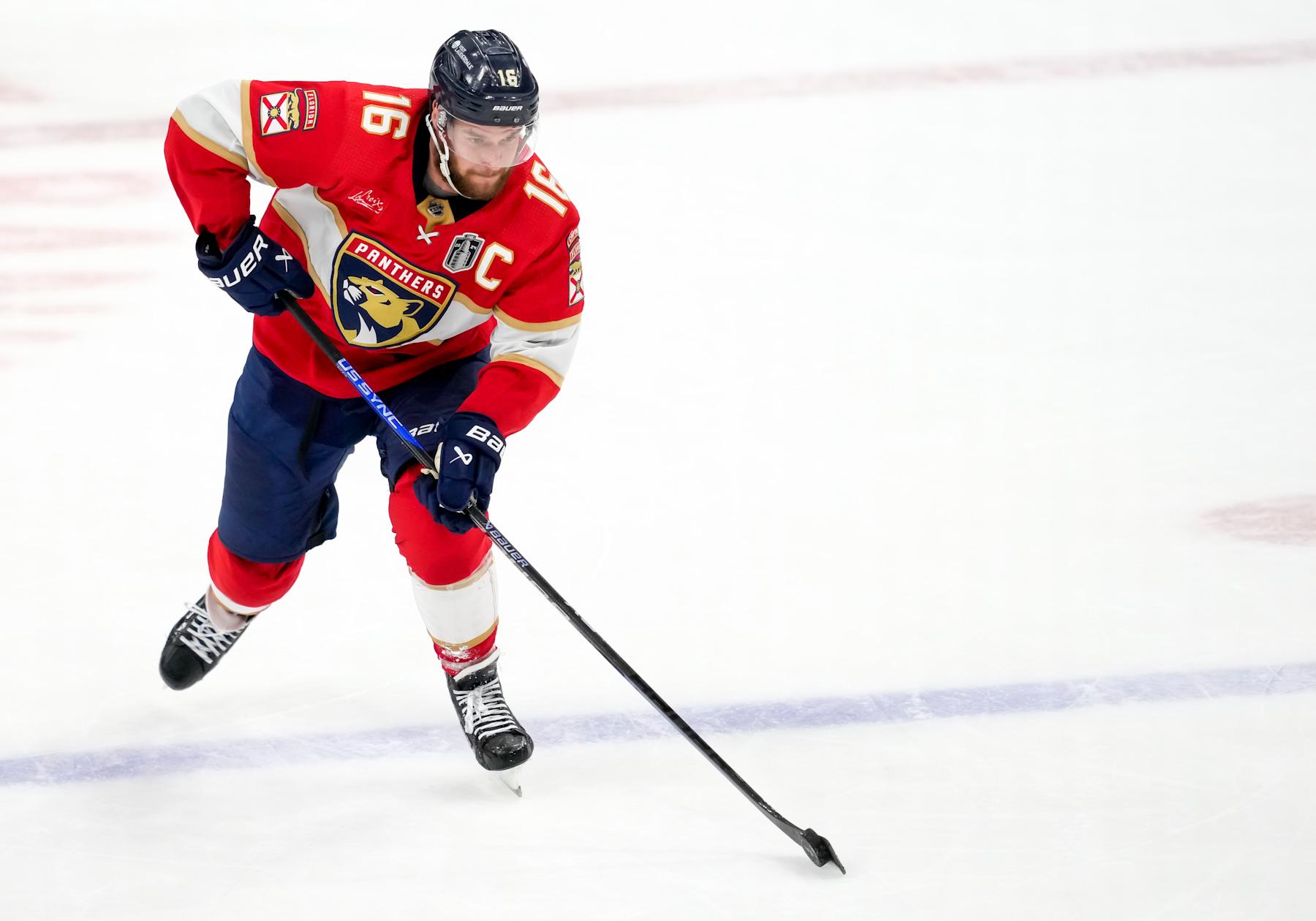 SUNRISE, FL - JUNE 24:  Florida Panthers center Aleksander Barkov (16) skates with the puck during the NHL Stanley Cup Finals, Game 7 between the Florida Panthers and Edmonton Oilers on June 24th, 2024 at Amerant Bank Arena in Sunrise, FL. (Photo by Andrew Bershaw/Icon Sportswire via Getty Images)