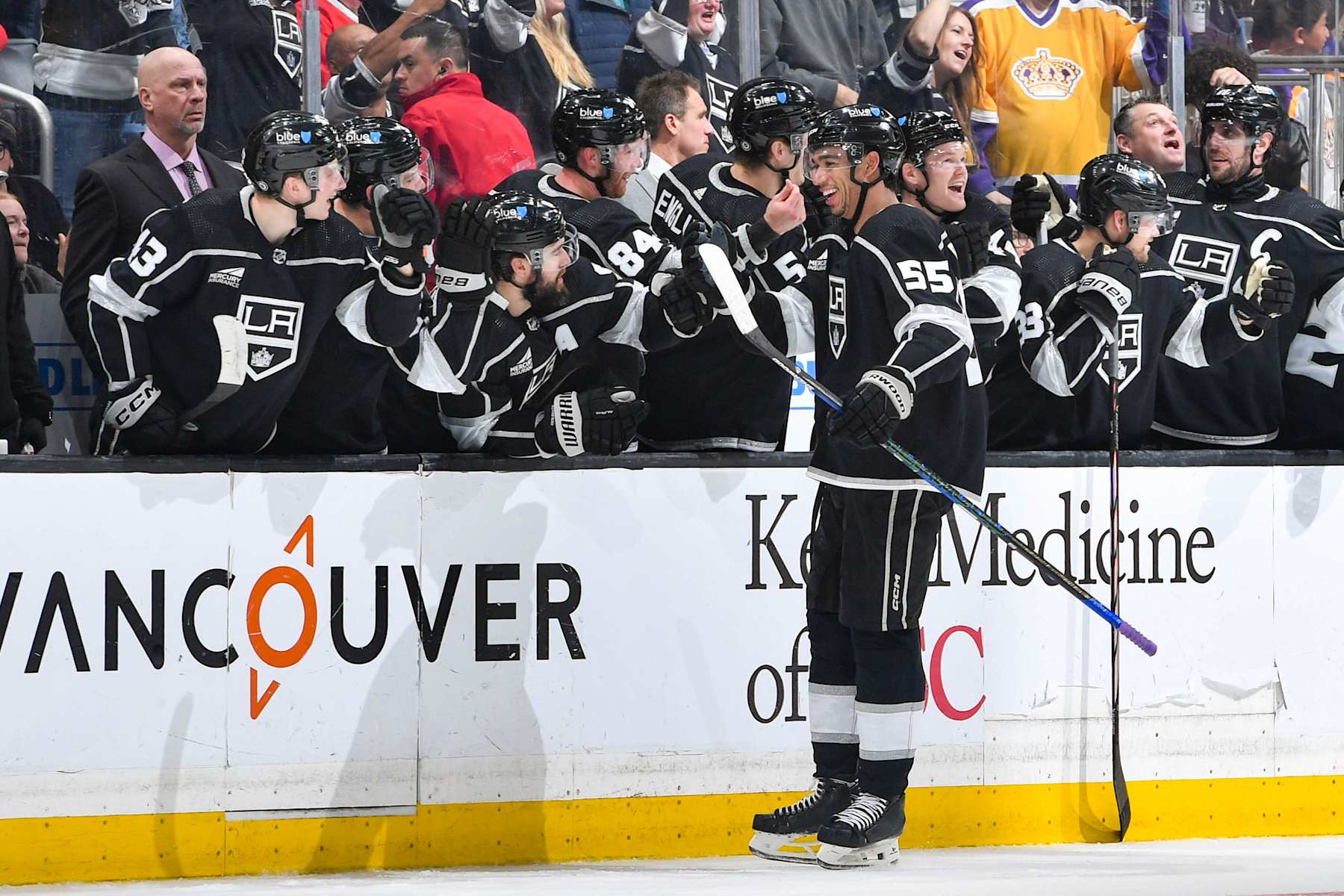 LOS ANGELES, CA - APRIL 18: Quinton Byfield #55 of the Los Angeles Kings celebrates his goal with teammates during the second period against the Chicago Blackhawks at Crypto.com Arena on April 18, 2024 in Los Angeles, California. (Photo by Juan Ocampo/NHLI via Getty Images)