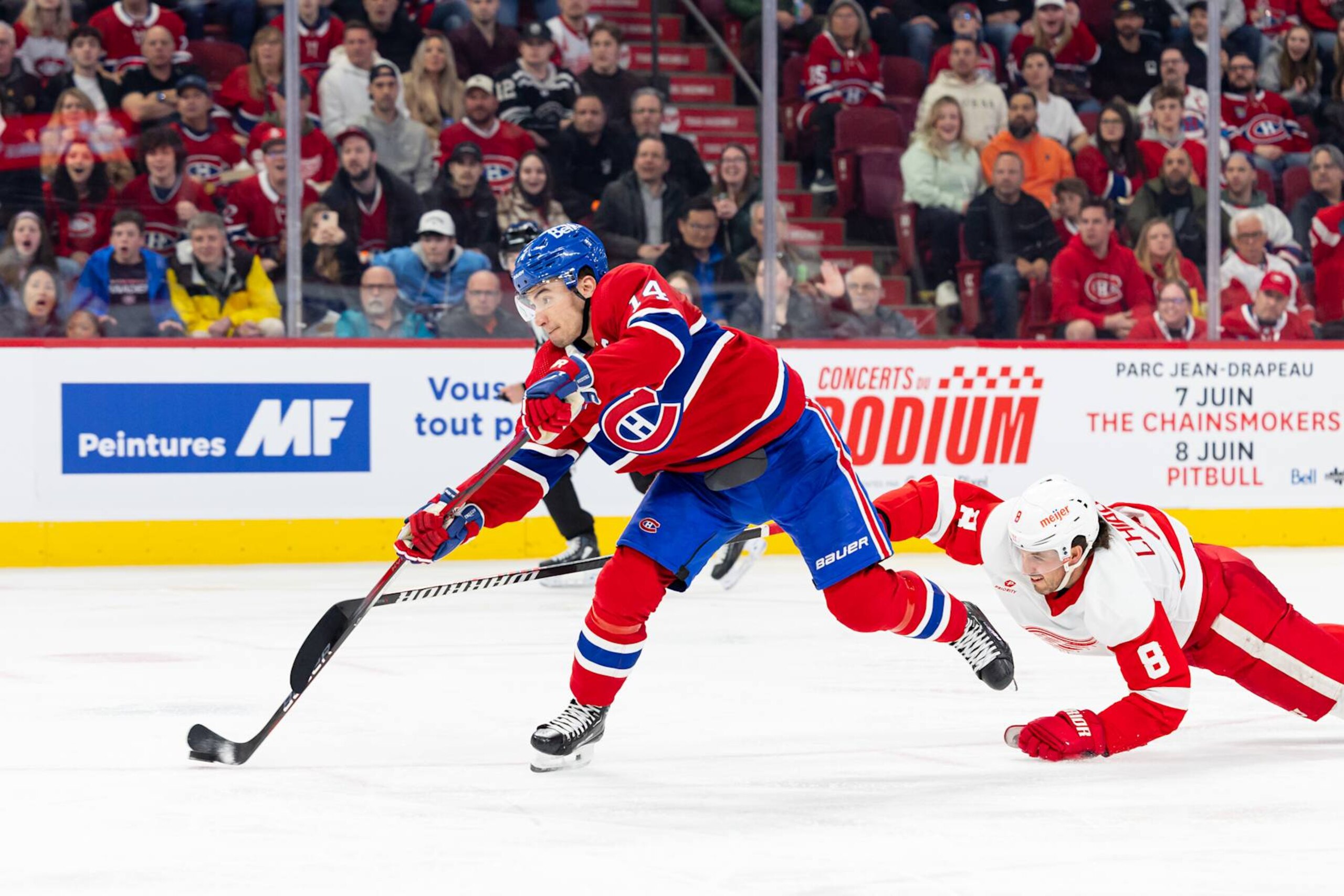 MONTREAL, CANADA - APRIL 16: Nick Suzuki #14 of the Montreal Canadiens takes a shot on goal during the third period the NHL regular season game between the Montreal Canadiens and the Detroit Red Wings at the Bell Centre on April 16, 2024 in Montreal, Quebec, Canada. (Photo by Vitor Munhoz/NHLI via Getty Images) MONTREAL, CANADA - APRIL 16: Nick Suzuki #14 of the Montreal Canadiens takes a shot on goal during the third period the NHL regular season game between the Montreal Canadiens and the Detroit Red Wings at the Bell Centre on April 16, 2024 in Montreal, Quebec, Canada. (Photo by Vitor Munhoz/NHLI via Getty Images)