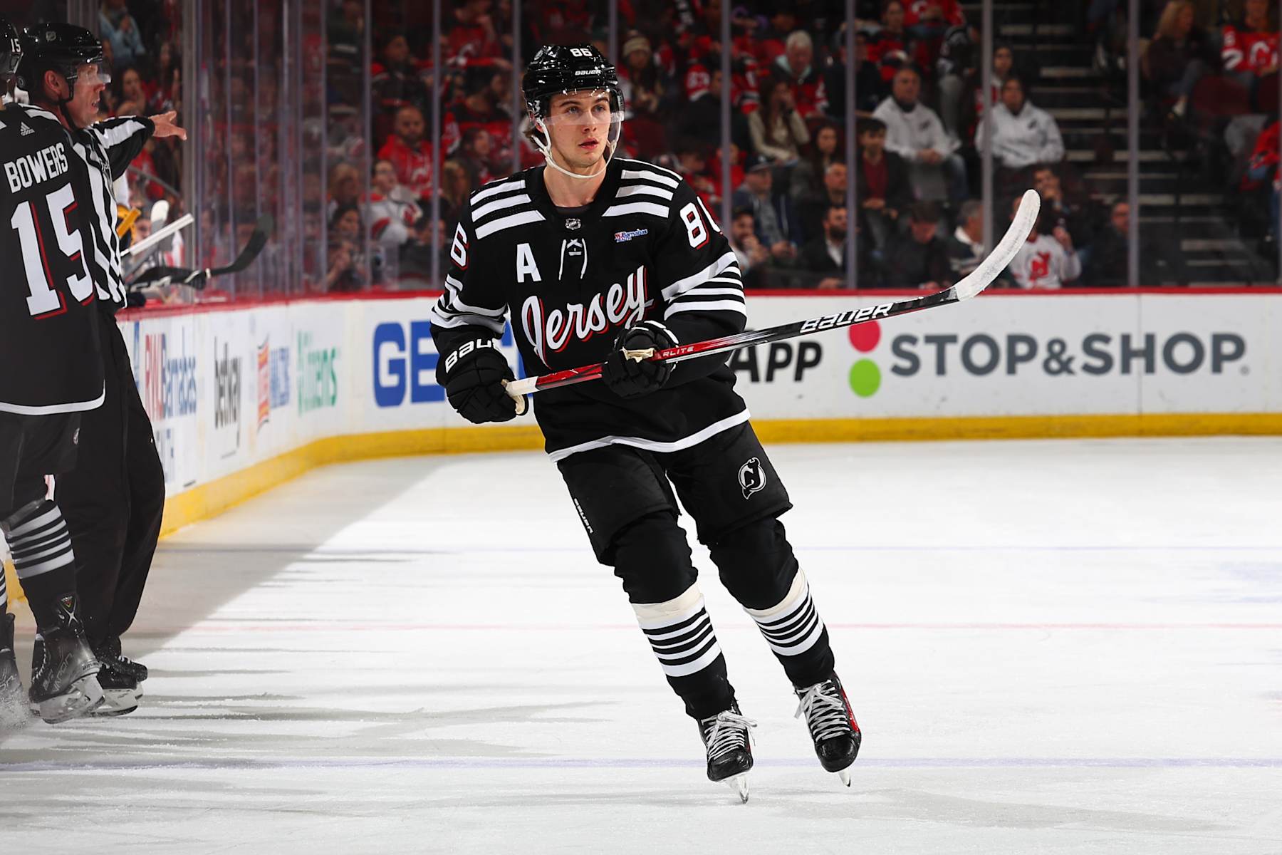 NEWARK, NJ - APRIL 07: Jack Hughes #86 of the New Jersey Devils skates in the second  period of the game against the Nashville Predators at the Prudential Center on April 7, 2024 in Newark, New Jersey.  (Photo by Rich Graessle/NHLI via Getty Images)