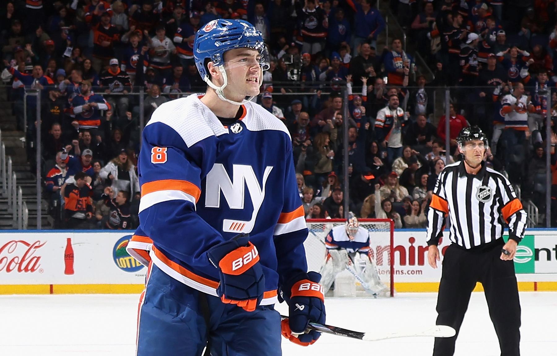 ELMONT, NEW YORK - APRIL 06: Noah Dobson #8 of the New York Islanders scores at 9:07 of the second period against the Nashville Predators at UBS Arena on April 06, 2024 in Elmont, New York. (Photo by Bruce Bennett/Getty Images)