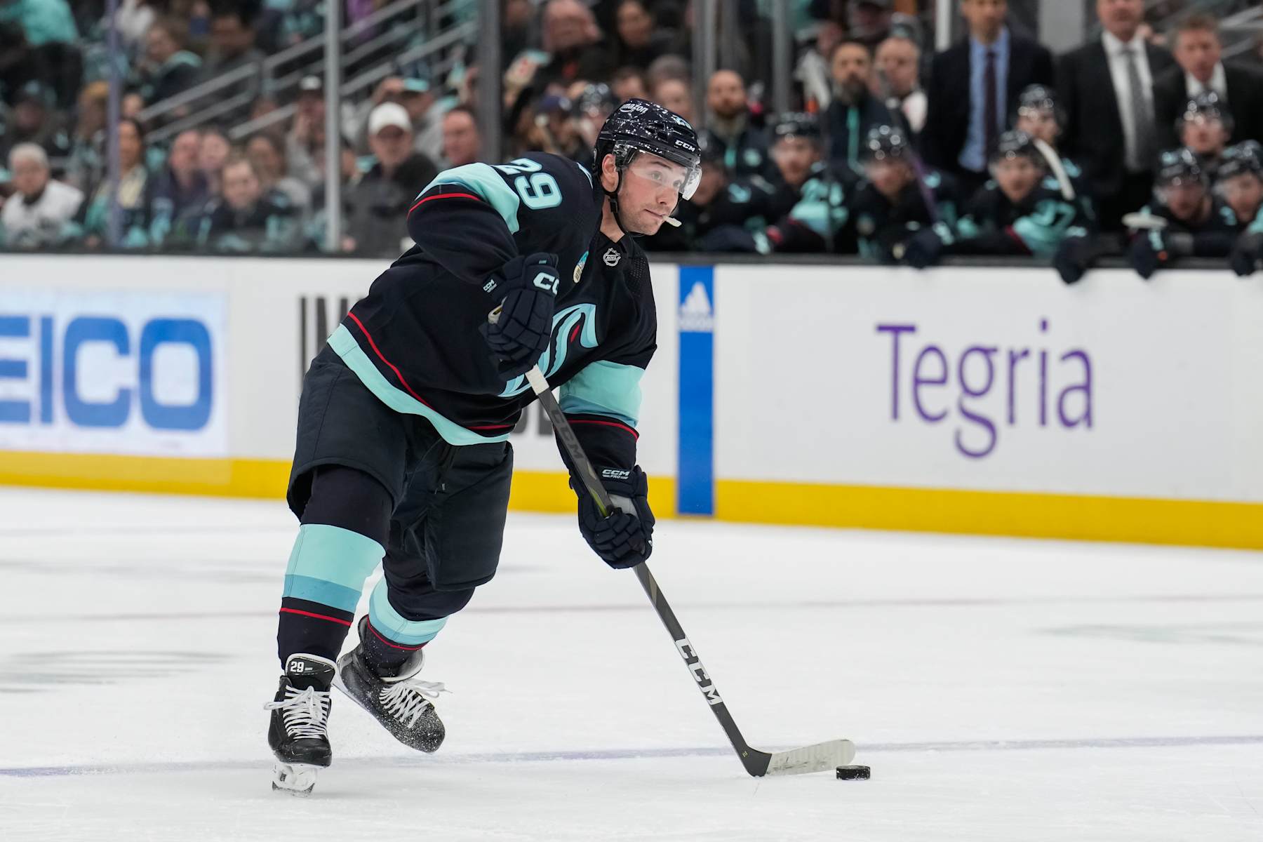 SEATTLE, WASHINGTON - MARCH 02: Vince Dunn #29 of the Seattle Kraken shoots the puck during the third period of a game against the Edmonton Oilers at Climate Pledge Arena on March 02, 2024 in Seattle, Washington. (Photo by Christopher Mast/NHLI via Getty Images)