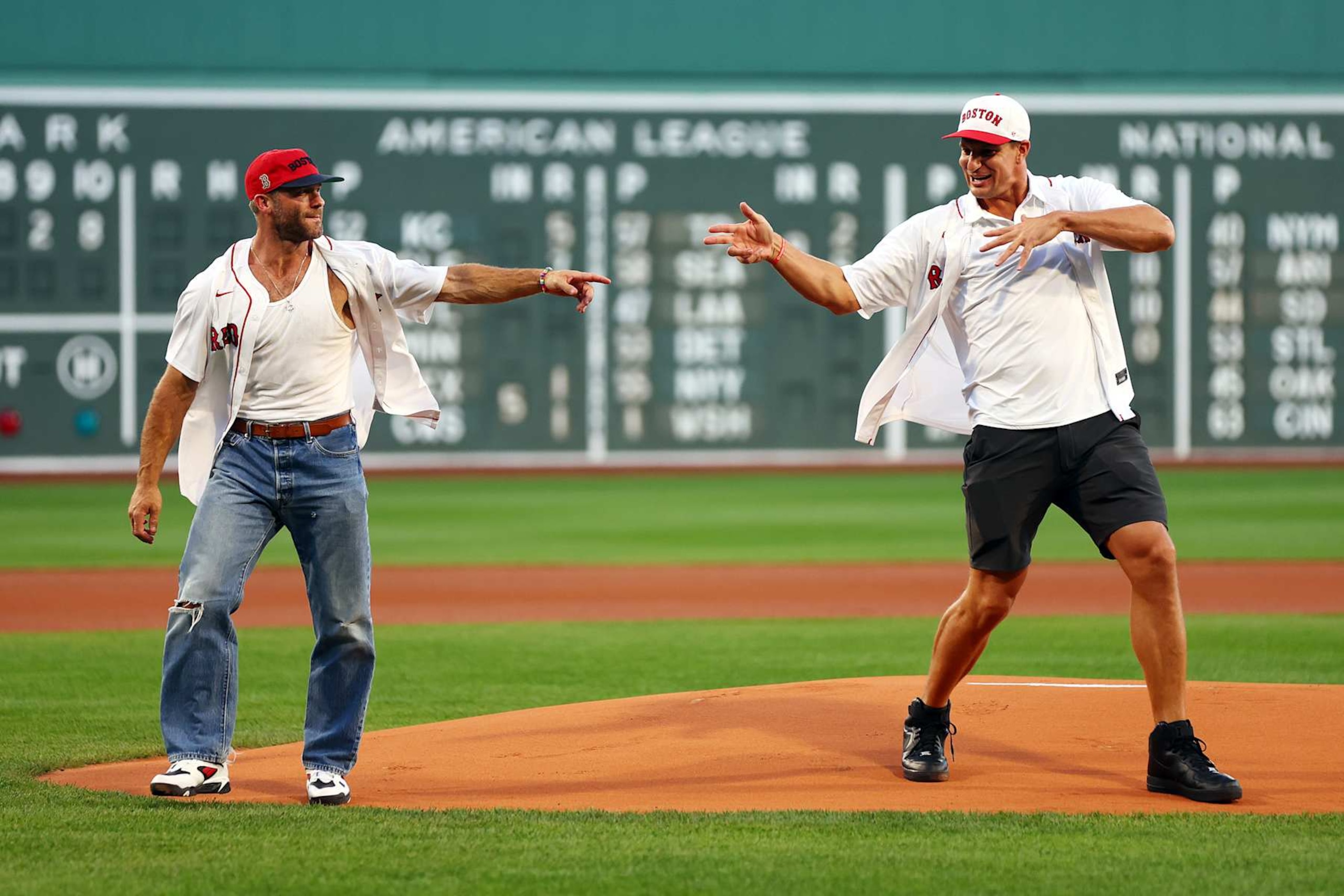 Julian Edelman (L) and Rob Gronkowski (R) at Fenway Park