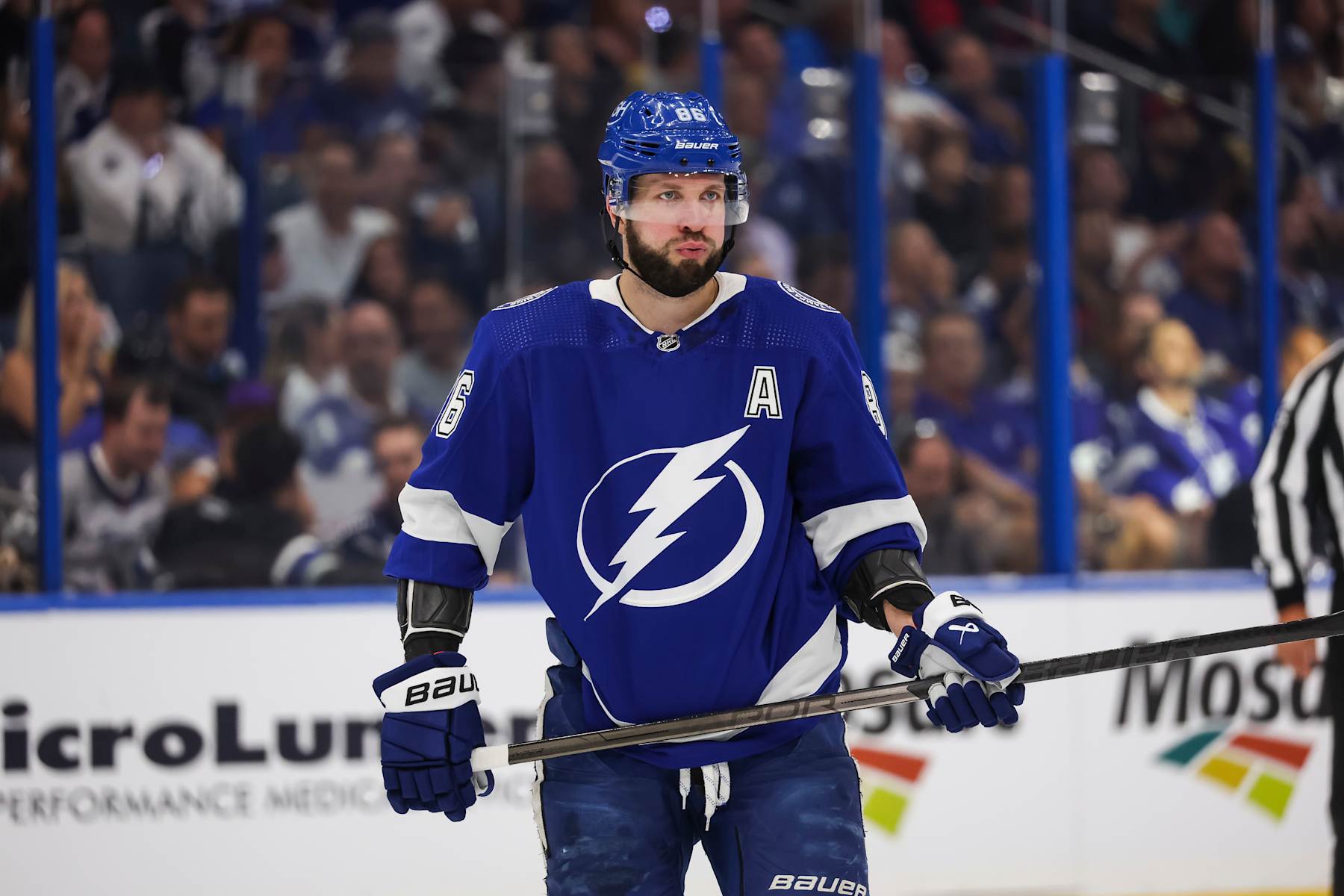 TAMPA, FL - APRIL 25: Nikita Kucherov #86 of the Tampa Bay Lightning skates against the Florida Panthers in Game Three of the First Round of the 2024 Stanley Cup Playoffs at Amalie Arena on April 25, 2024 in Tampa, Florida. (Photo by Mark LoMoglio/NHLI via Getty Images)