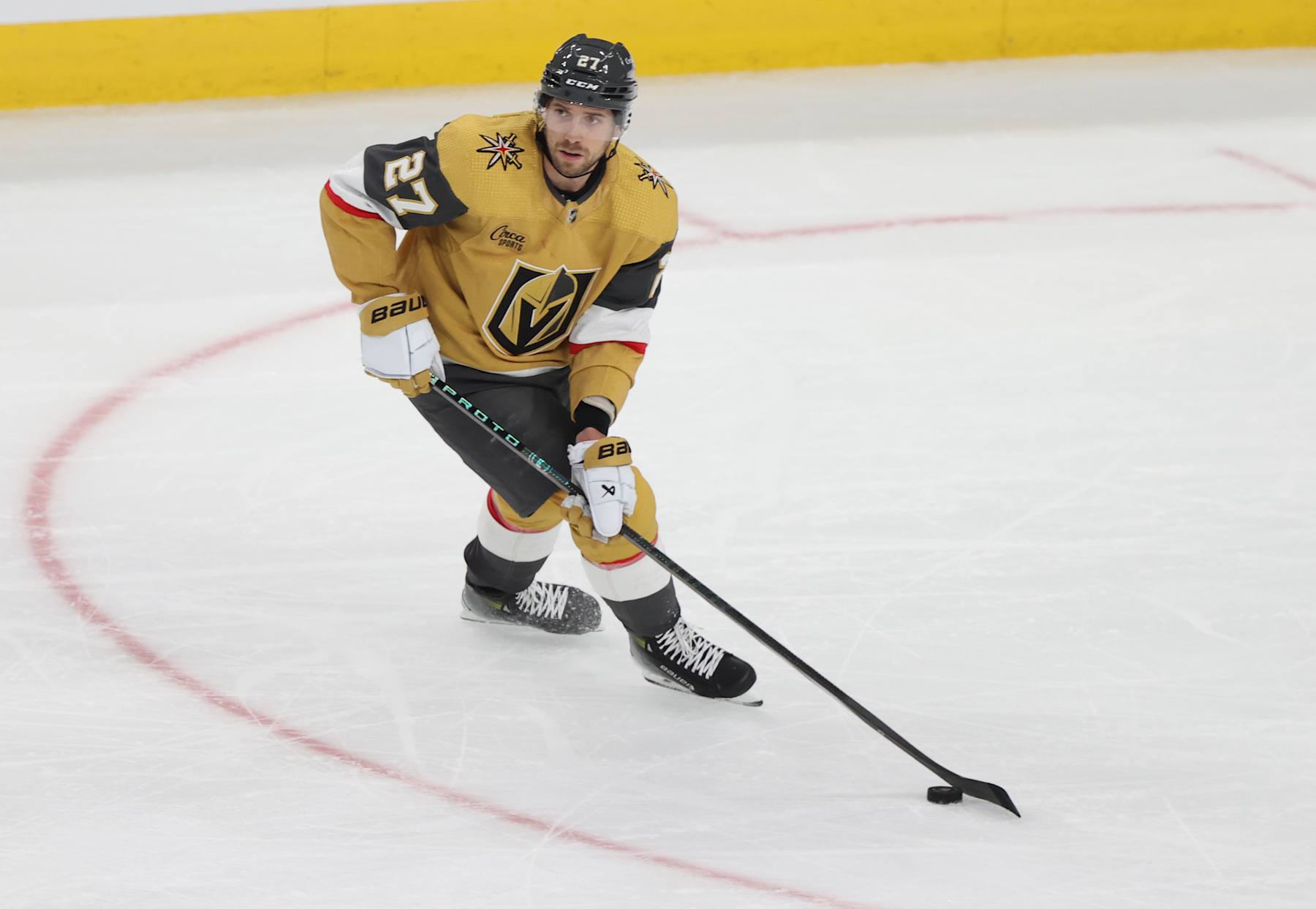 LAS VEGAS, NEVADA - APRIL 27: Shea Theodore #27 of the Vegas Golden Knights skates during overtime against the Dallas Stars in Game Three of the First Round of the 2024 Stanley Cup Playoffs at T-Mobile Arena on April 27, 2024 in Las Vegas, Nevada.  (Photo by Zak Krill/NHLI via Getty Images)