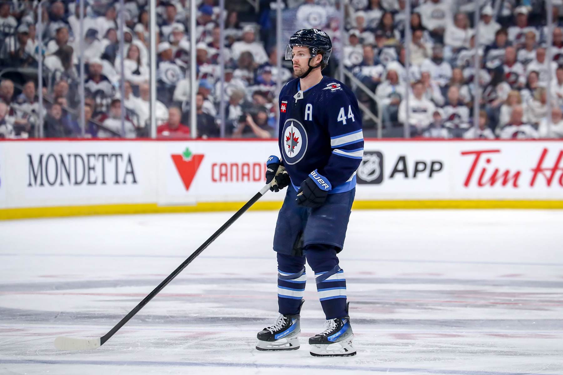 WINNIPEG, CANADA - APRIL 30: Josh Morrissey #44 of the Winnipeg Jets looks on during second period action against the Colorado Avalanche in Game Five of the First Round of the 2024 Stanley Cup Playoffs at the Canada Life Centre on April 30, 2024 in Winnipeg, Manitoba, Canada. The Avs defeated the Jets 6-3 and win the series 4-1. (Photo by Darcy Finley/NHLI via Getty Images)