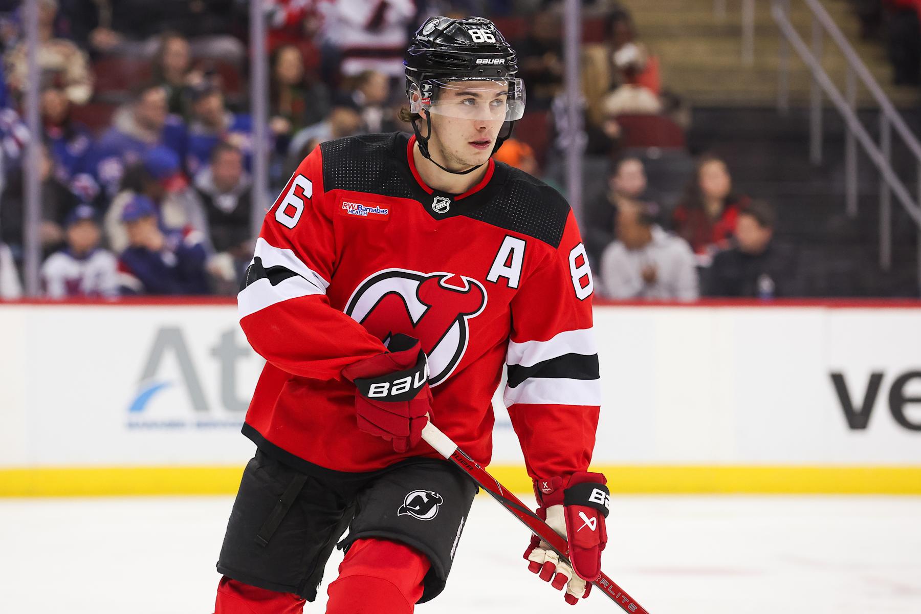 NEWARK, NJ - FEBRUARY 22: New Jersey Devils center Jack Hughes (86) skates during a game between the against the New York Rangers and New Jersey Devils on February 22, 2024 at Prudential Center in the Newark, New Jersey. (Photo by Andrew Mordzynski/Icon Sportswire via Getty Images)