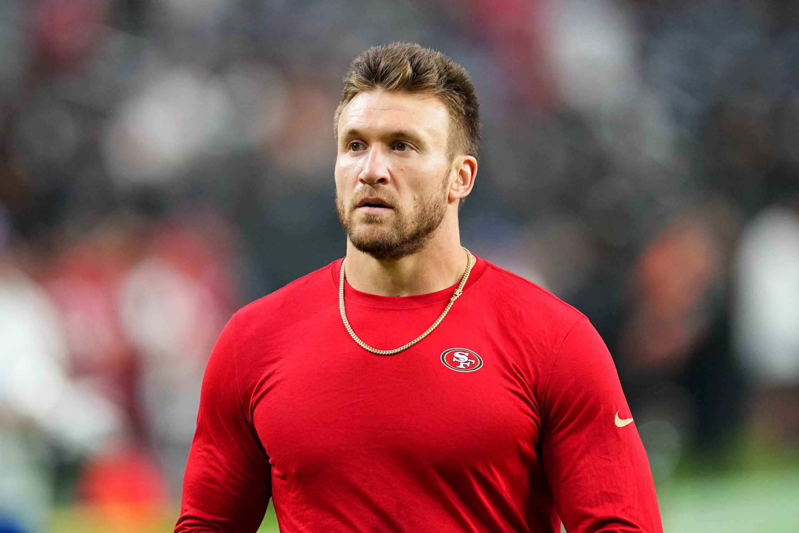 LAS VEGAS, NEVADA - AUGUST 23:  Fullback Kyle Juszczyk #44 of the San Francisco 49ers looks on before a preseason game against the Las Vegas Raiders at Allegiant Stadium on August 23, 2024 in Las Vegas, Nevada. (Photo by Chris Unger/Getty Images)