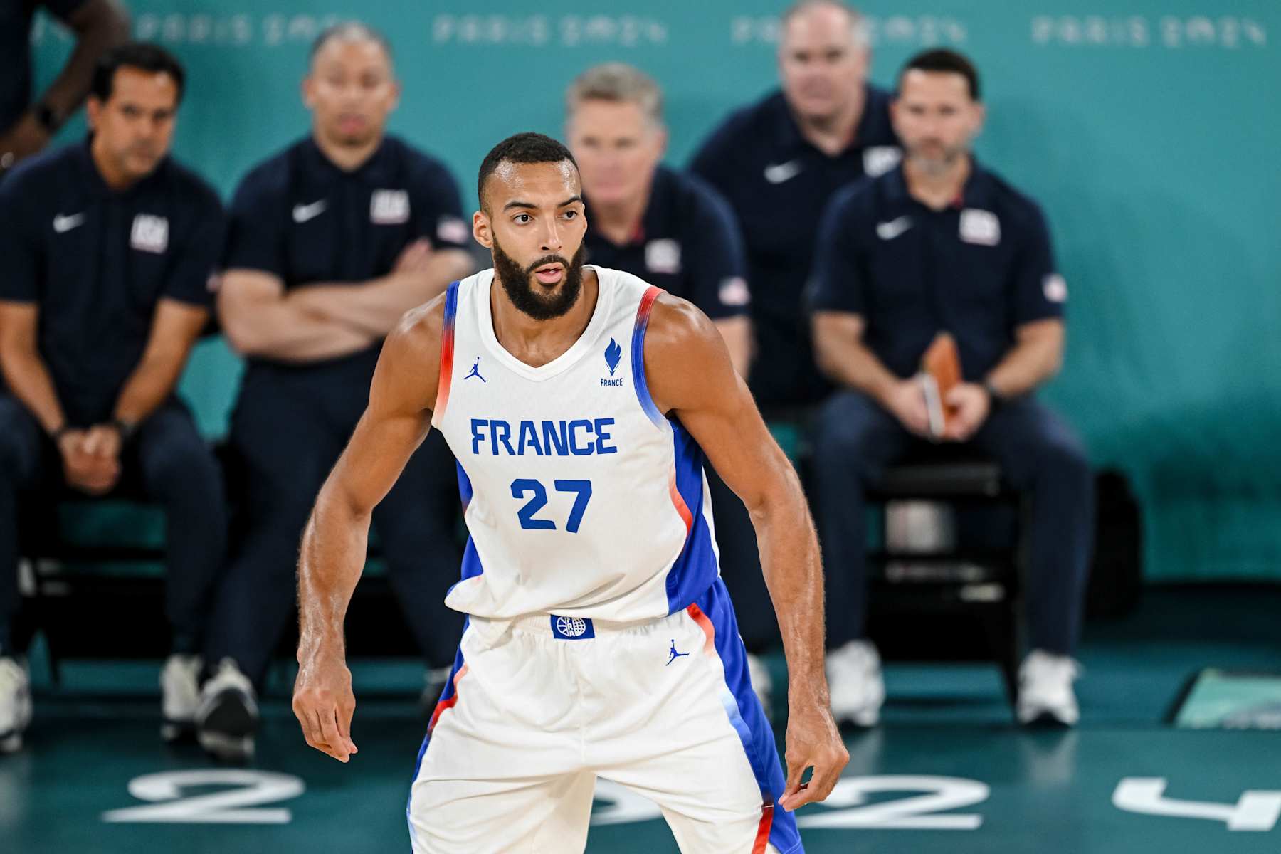 Rudy Gobert of France looks on during the Men's Basketball Gold Medal match between France and United States of America on Day 15 of the Olympic Games Paris 2024 at Bercy Arena on August 10, 2024 in Paris, France. (Photo by Harry Langer/DeFodi Images via Getty Images)