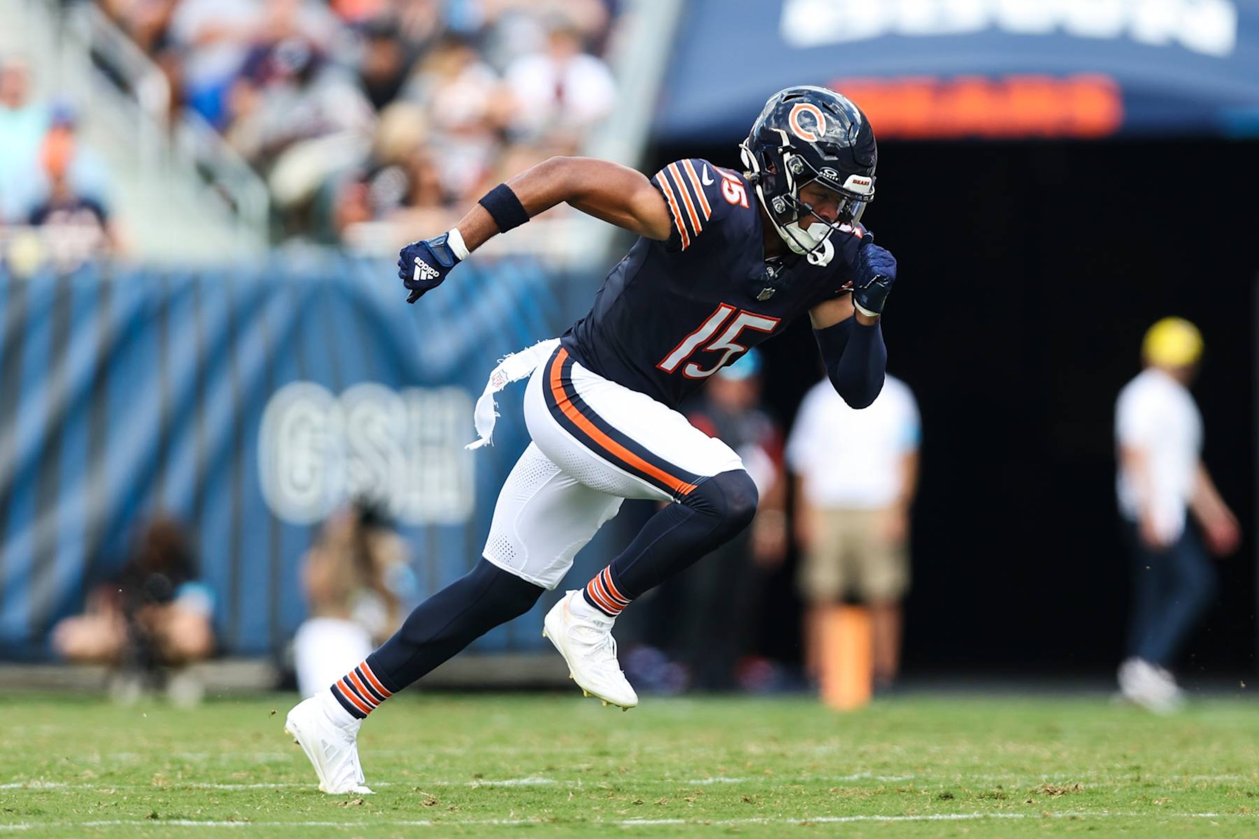 CHICAGO, IL - AUGUST 17: Rome Odunze #15 of the Chicago Bears runs a route during an NFL football game against the Cincinnati Bengals at Solider Field on August 17, 2024 in Chicago, Illinois. (Photo by Perry Knotts/Getty Images)