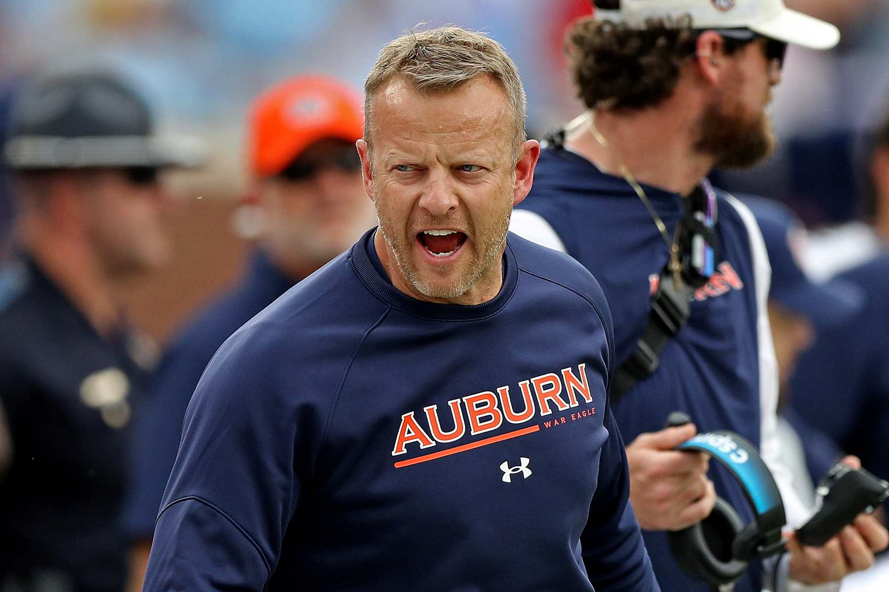 OXFORD, MISSISSIPPI - OCTOBER 15: head coach Bryan Harsin of the Auburn Tigers  reacts during the game against the Mississippi Rebels at Vaught-Hemingway Stadium on October 15, 2022 in Oxford, Mississippi. (Photo by Justin Ford/Getty Images)