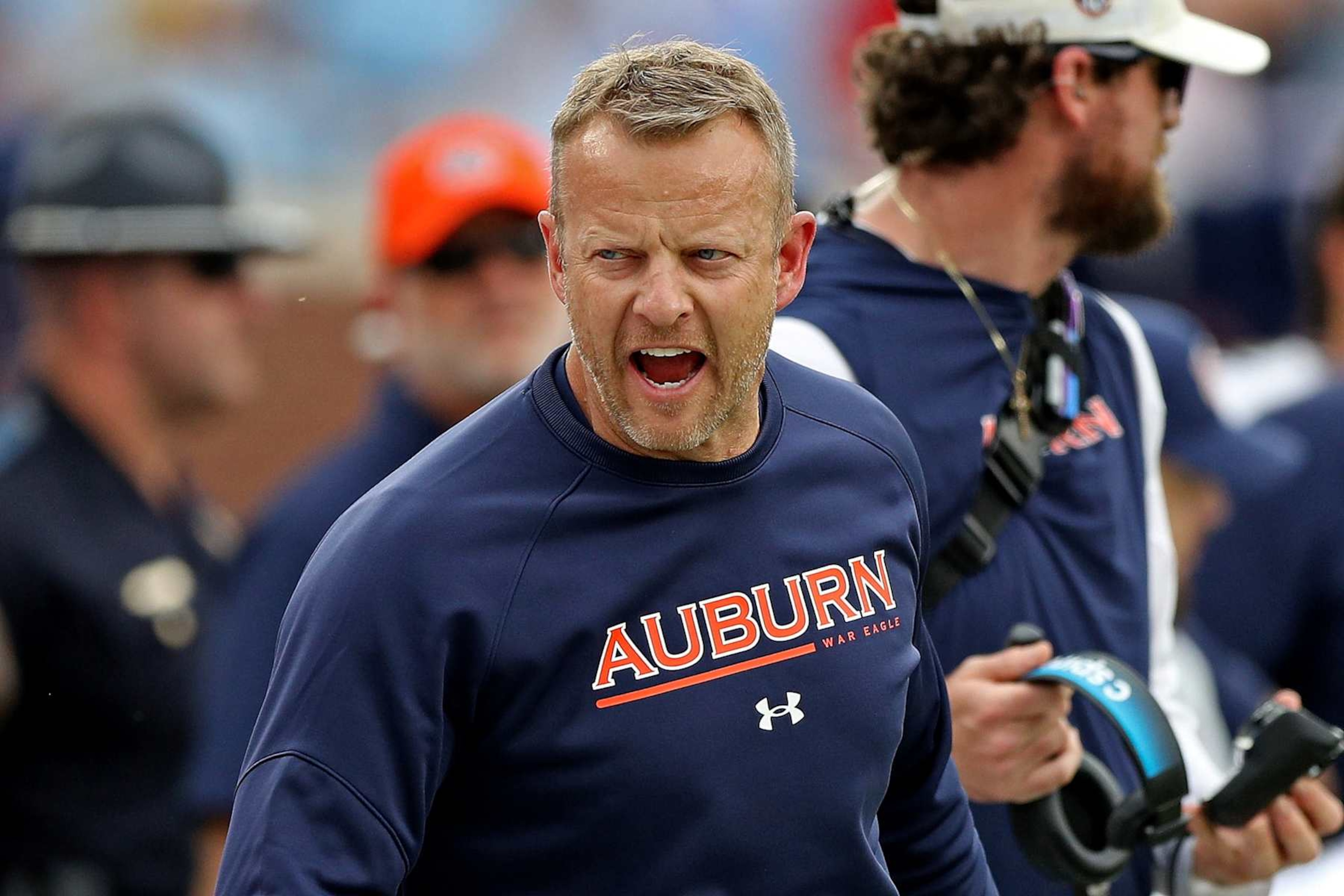 OXFORD, MISSISSIPPI - OCTOBER 15: head coach Bryan Harsin of the Auburn Tigers  reacts during the game against the Mississippi Rebels at Vaught-Hemingway Stadium on October 15, 2022 in Oxford, Mississippi. (Photo by Justin Ford/Getty Images)