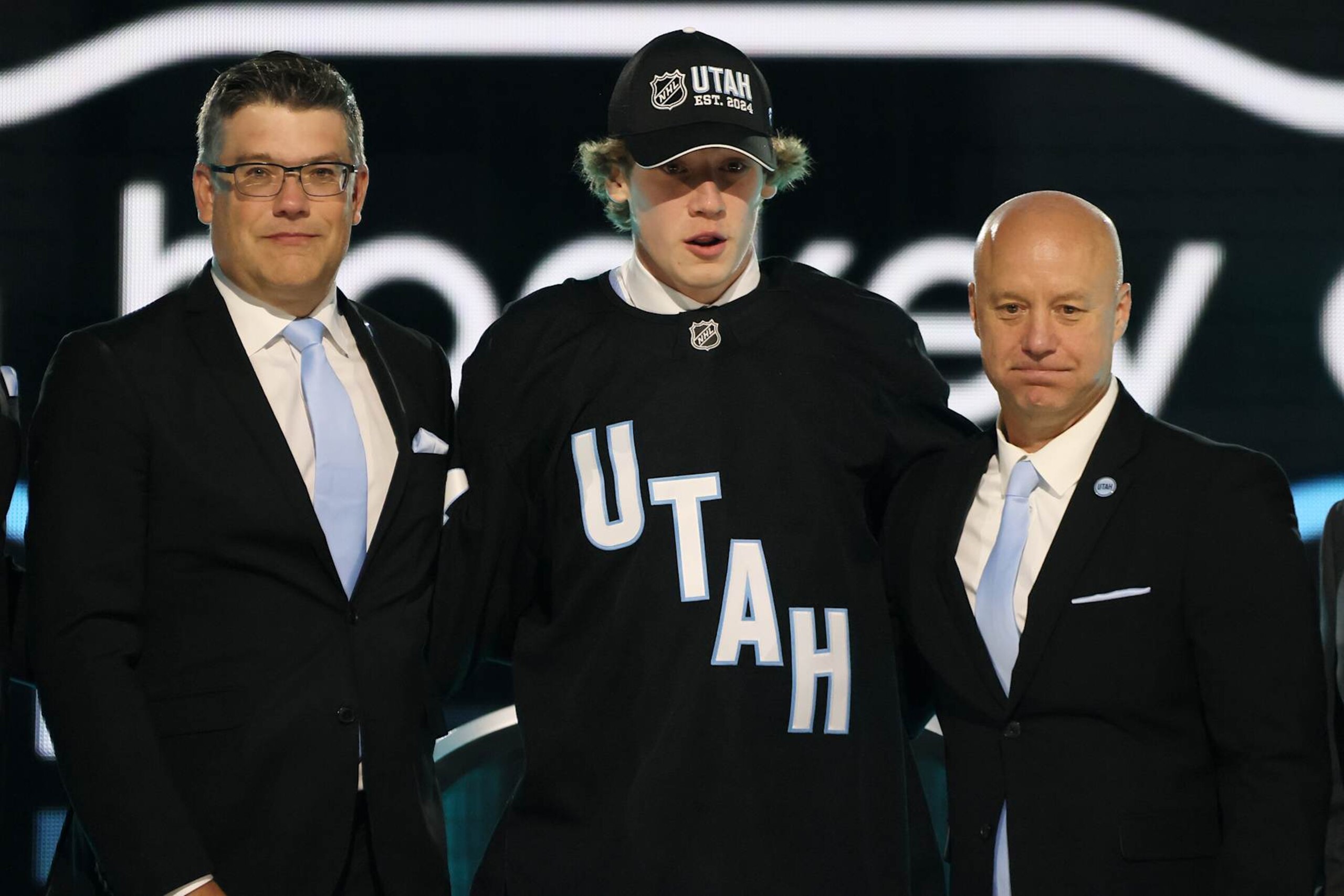 LAS VEGAS, NEVADA - JUNE 28: Cole Beaudoin is selected by the Utah Hockey Club with the 24th overall pick during the first round of the 2024 Upper Deck NHL Draft at Sphere on June 28, 2024 in Las Vegas, Nevada. (Photo by Bruce Bennett/Getty Images)