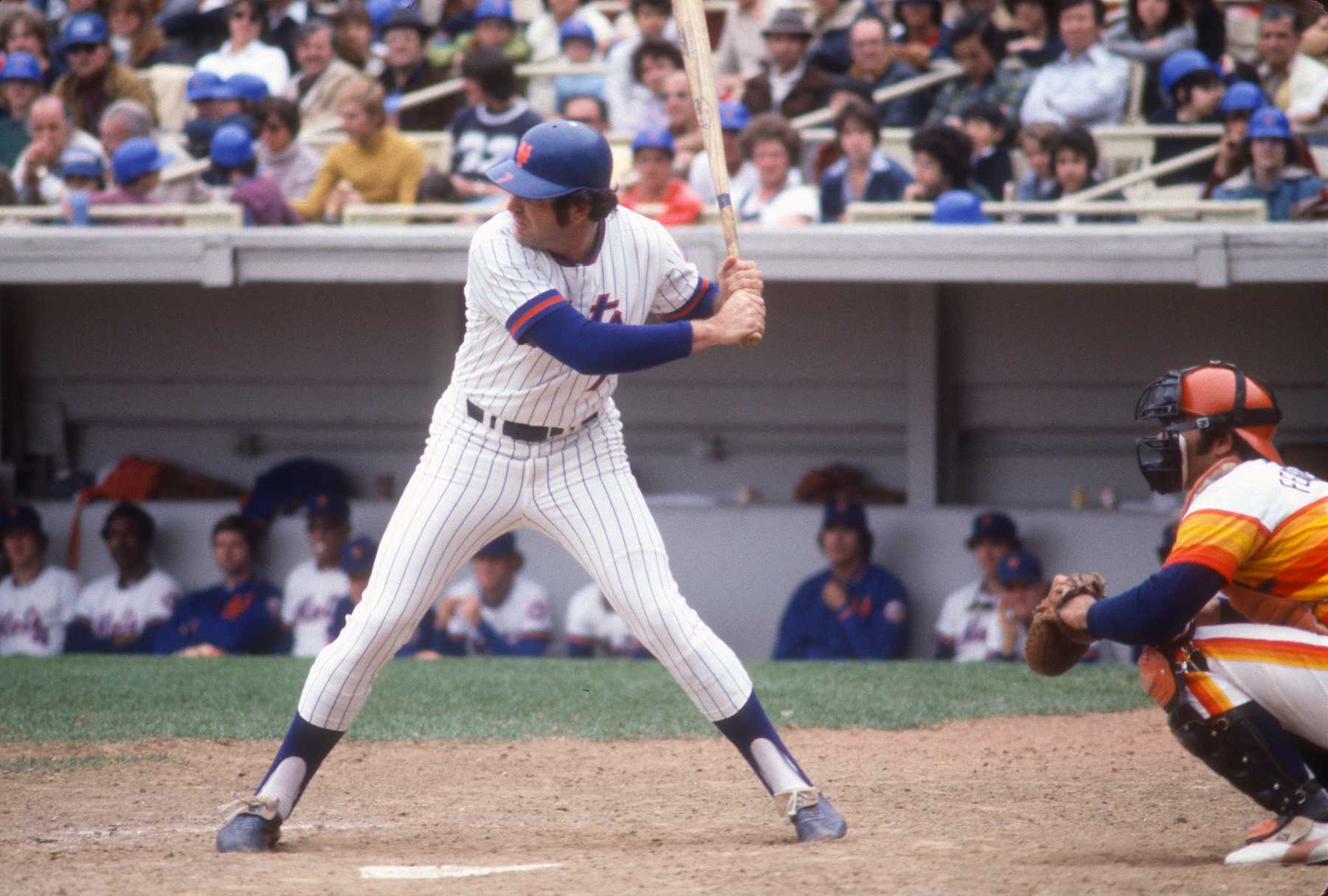 NEW YORK - CIRCA 1969: Ed Kranepool #7 of the New York Mets bats against the Houston Astros during a Major League Baseball game circa 1969 at Shea Stadium in the Queens borough of New York City. Kranepool played for the Mets in 1962-79. (Photo by Focus on Sport/Getty Images)