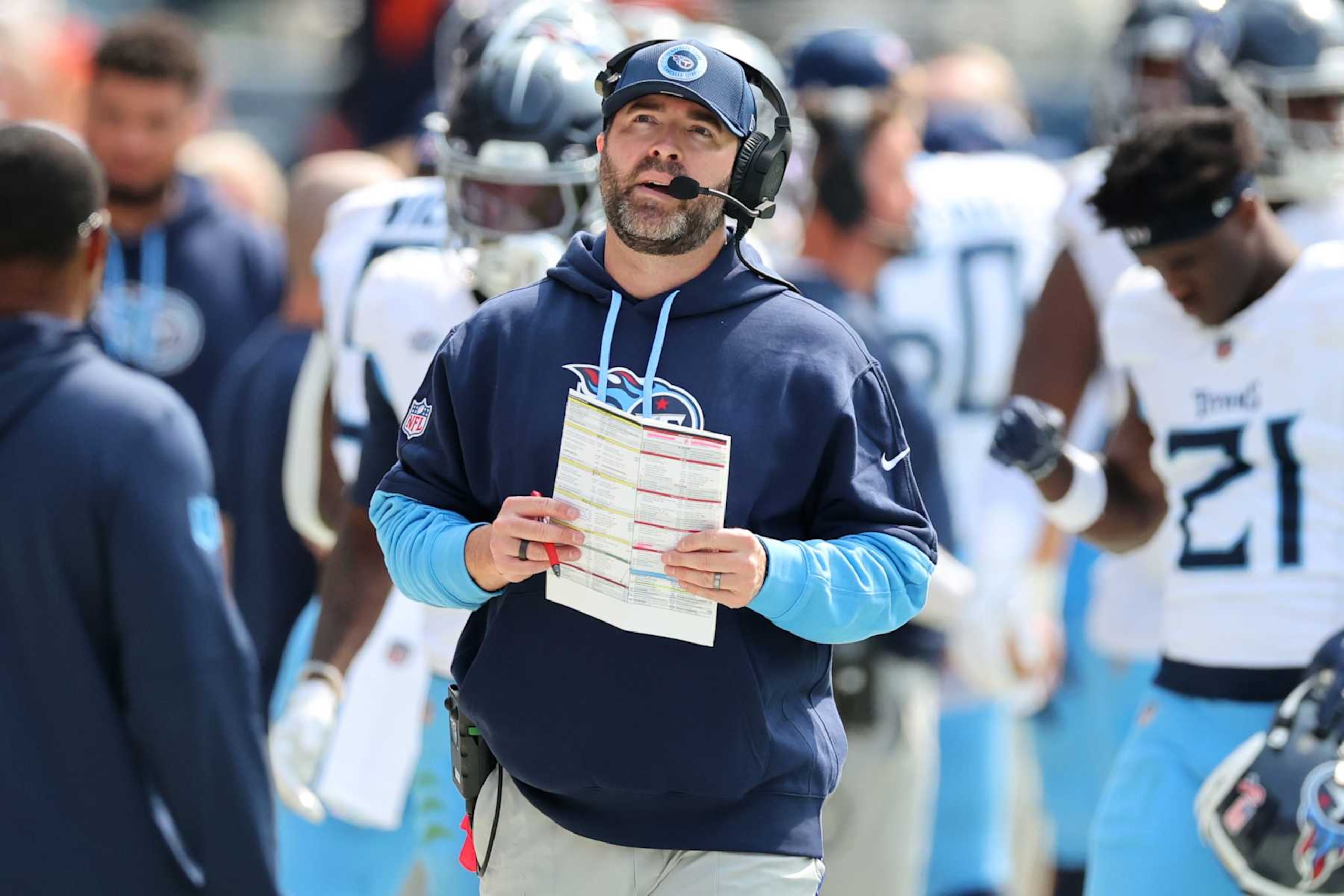 CHICAGO, ILLINOIS - SEPTEMBER 08: Brian Callahan head coach of the Tennessee Titans looks on in the third quarter of the game against the Chicago Bears at Soldier Field on September 08, 2024 in Chicago, Illinois. (Photo by Stacy Revere/Getty Images)