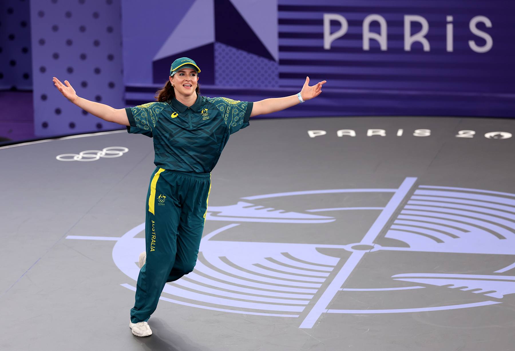 PARIS, FRANCE - AUGUST 09: B-Girl Raygun of Team Australia reacts during the B-Girls Round Robin - Group B on day fourteen of the Olympic Games Paris 2024 at Place de la Concorde on August 09, 2024 in Paris, France. (Photo by Ezra Shaw/Getty Images)