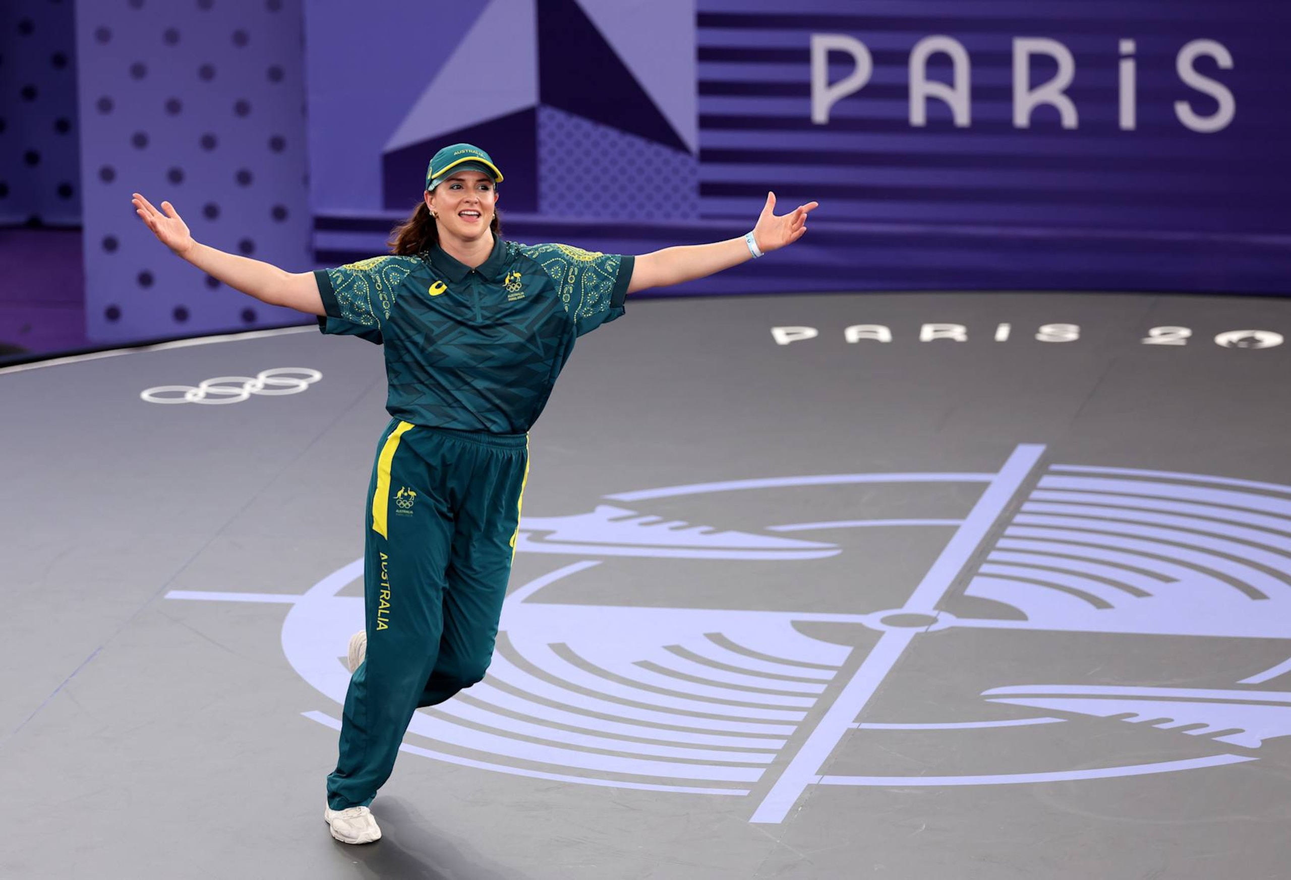 PARIS, FRANCE - AUGUST 09: B-Girl Raygun of Team Australia reacts during the B-Girls Round Robin - Group B on day fourteen of the Olympic Games Paris 2024 at Place de la Concorde on August 09, 2024 in Paris, France. (Photo by Ezra Shaw/Getty Images)