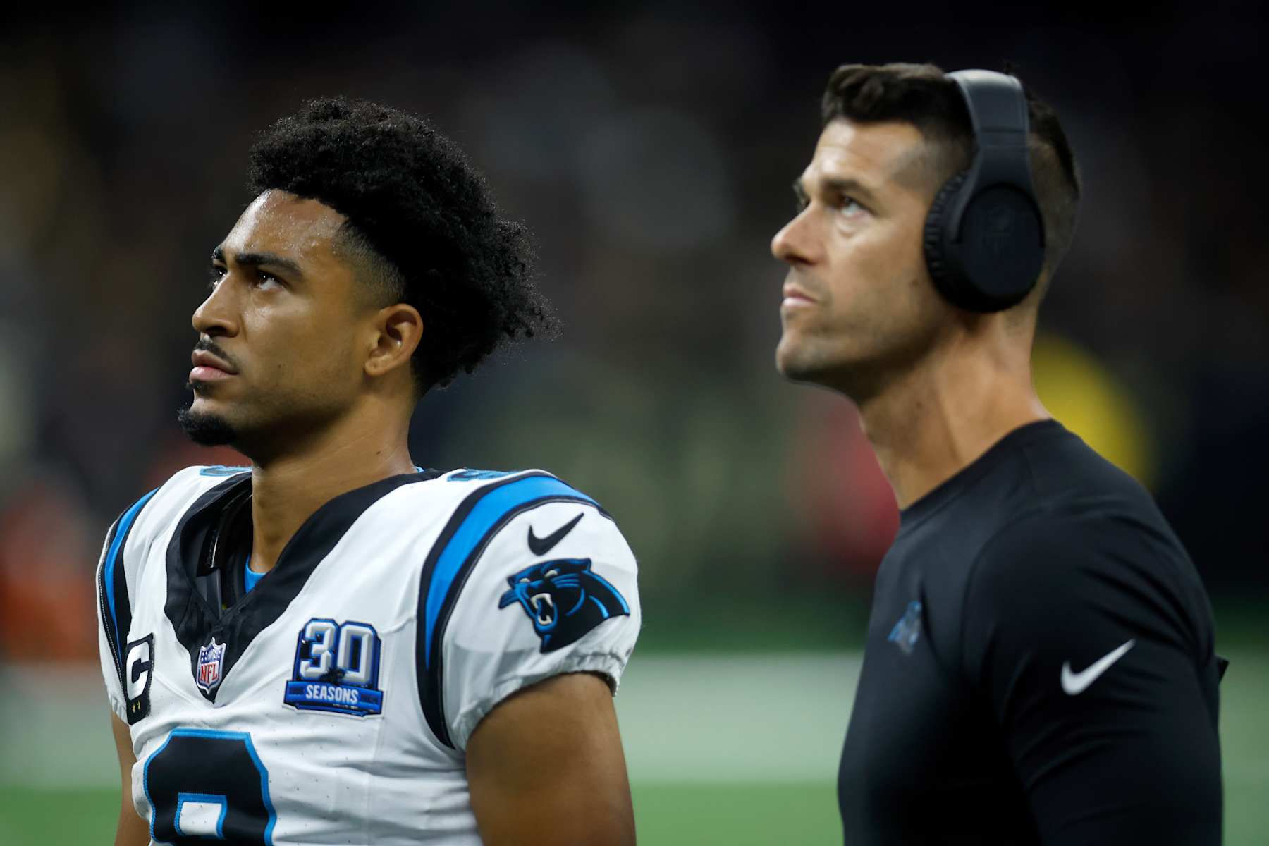 Carolina Panthers quarterback Bryce Young and head coach Dave Canales
