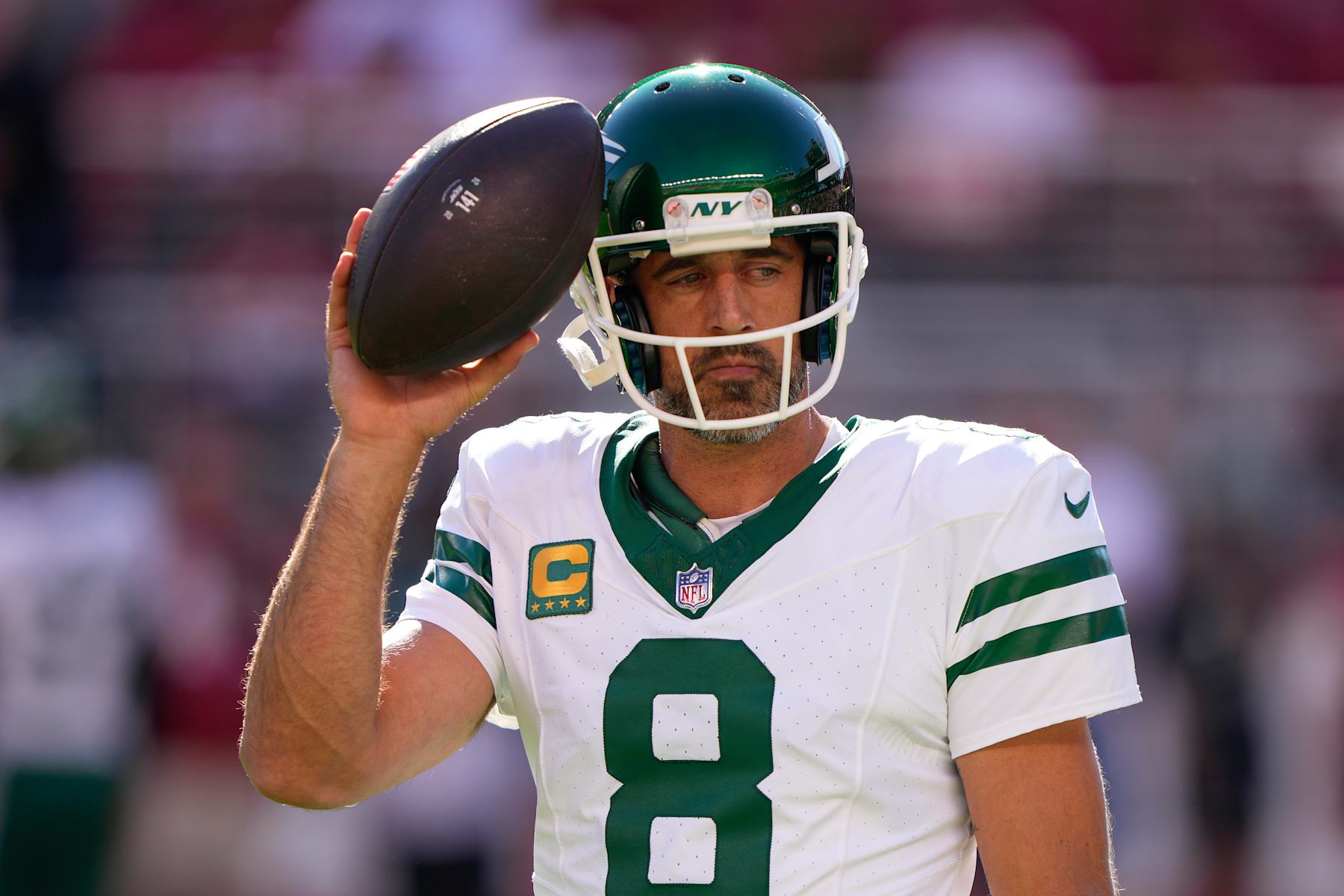 SANTA CLARA, CALIFORNIA - SEPTEMBER 09: Quarterback Aaron Rodgers #8 of the New York Jets looks on during warm ups before taking on the San Francisco 49ers at Levi's Stadium on September 09, 2024 in Santa Clara, California. (Photo by Thearon W. Henderson/Getty Images)