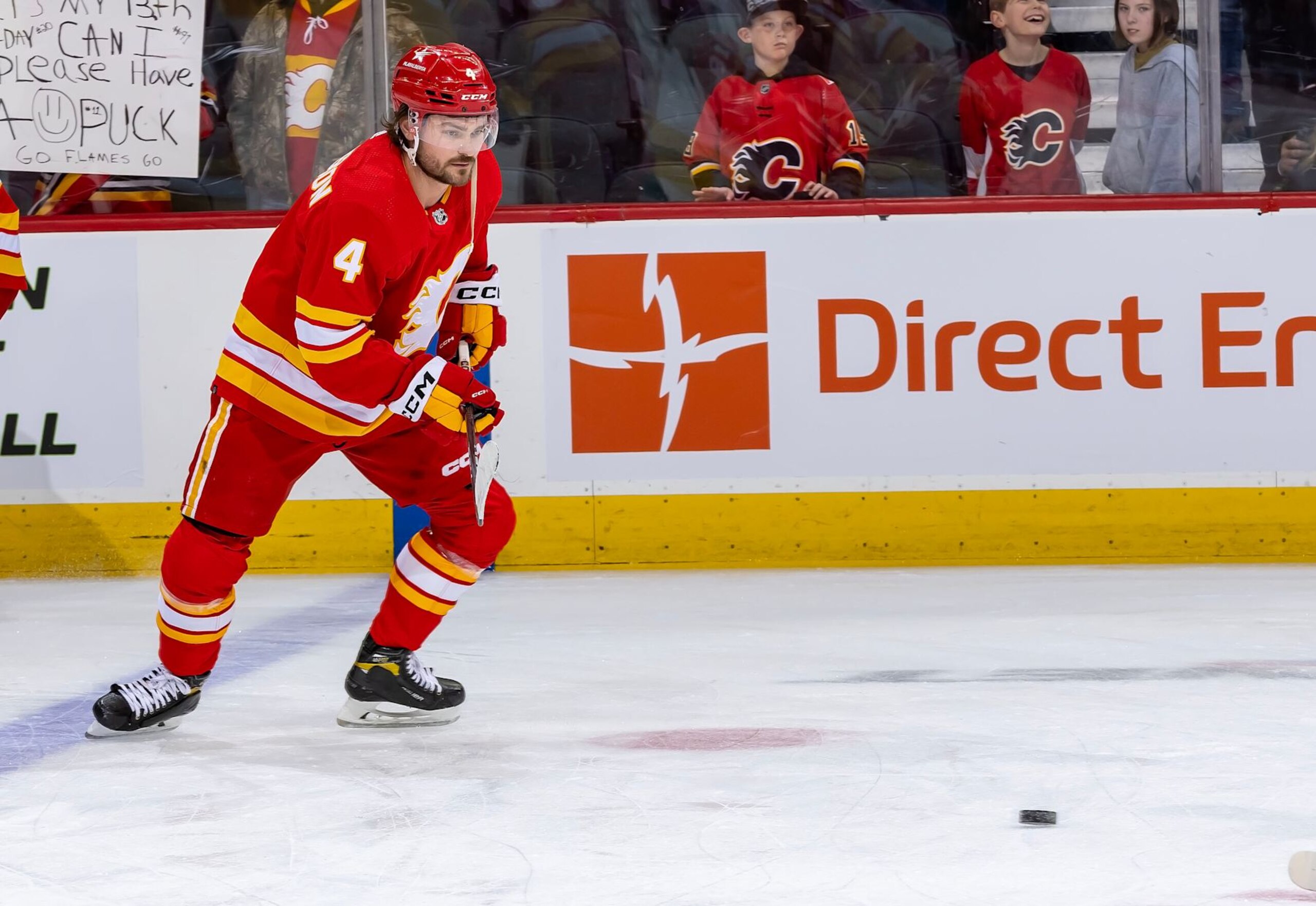 CALGARY, AB - MARCH 24: Rasmus Andersson #4 of the Calgary Flames warms up before match against the Buffalo Sabres at Scotiabank Saddledome on March 24, 2024 in Calgary, Alberta, Canada. (Photo by Stine Thorne/NHLI via Getty Images) CALGARY, AB - MARCH 24: Rasmus Andersson #4 of the Calgary Flames warms up before match against the Buffalo Sabres at Scotiabank Saddledome on March 24, 2024 in Calgary, Alberta, Canada. (Photo by Stine Thorne/NHLI via Getty Images)