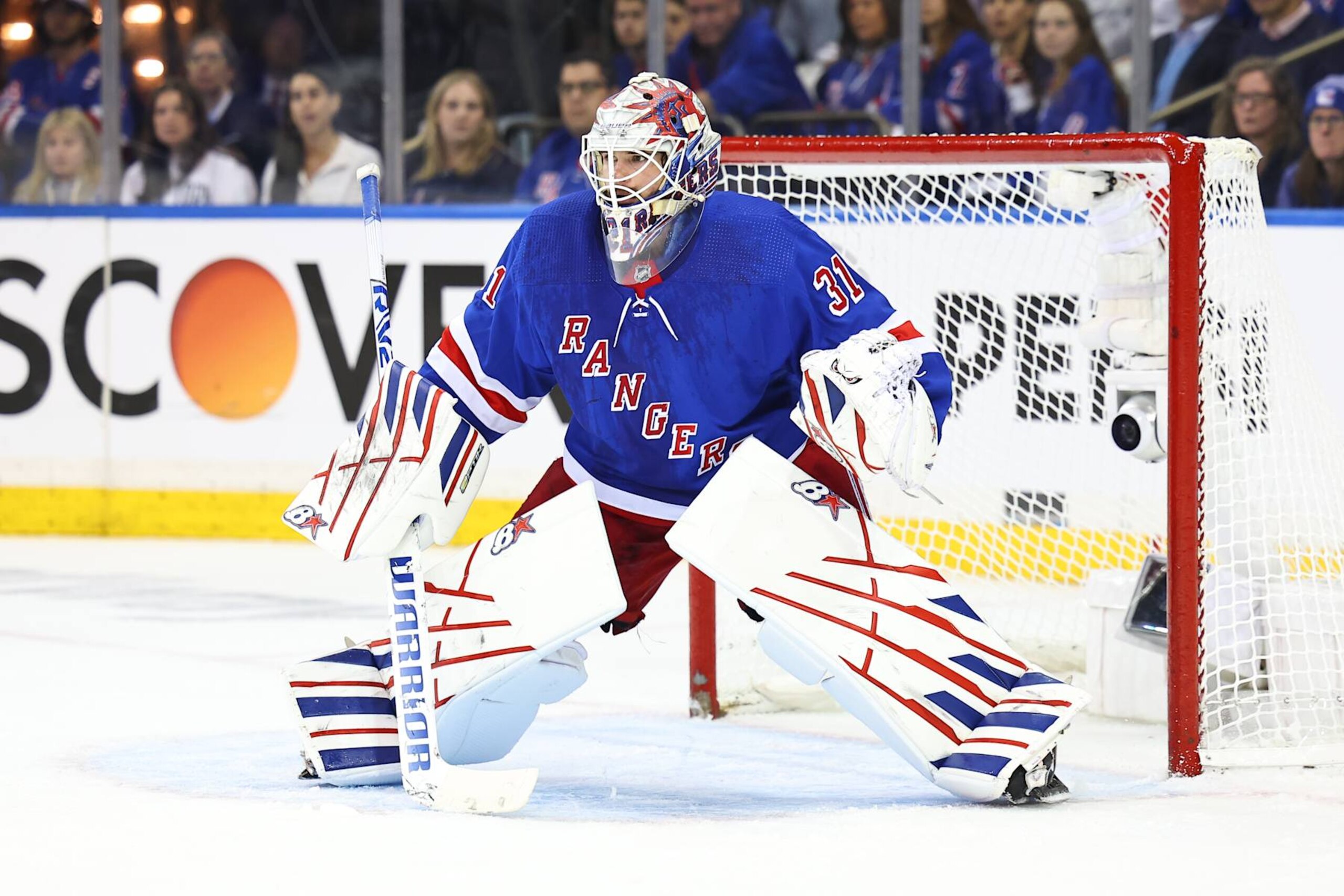 NEW YORK, NY - MAY 30: Igor Shesterkin #31 of the New York Rangers during the first period of the Eastern Conference Final game 5 against the Florida Panthers on May 30, 2024 at Madison Square Garden in New York. (Photo by Rich Graessle/Icon Sportswire via Getty Images) NEW YORK, NY - MAY 30: Igor Shesterkin #31 of the New York Rangers during the first period of the Eastern Conference Final game 5 against the Florida Panthers on May 30, 2024 at Madison Square Garden in New York. (Photo by Rich Graessle/Icon Sportswire via Getty Images)