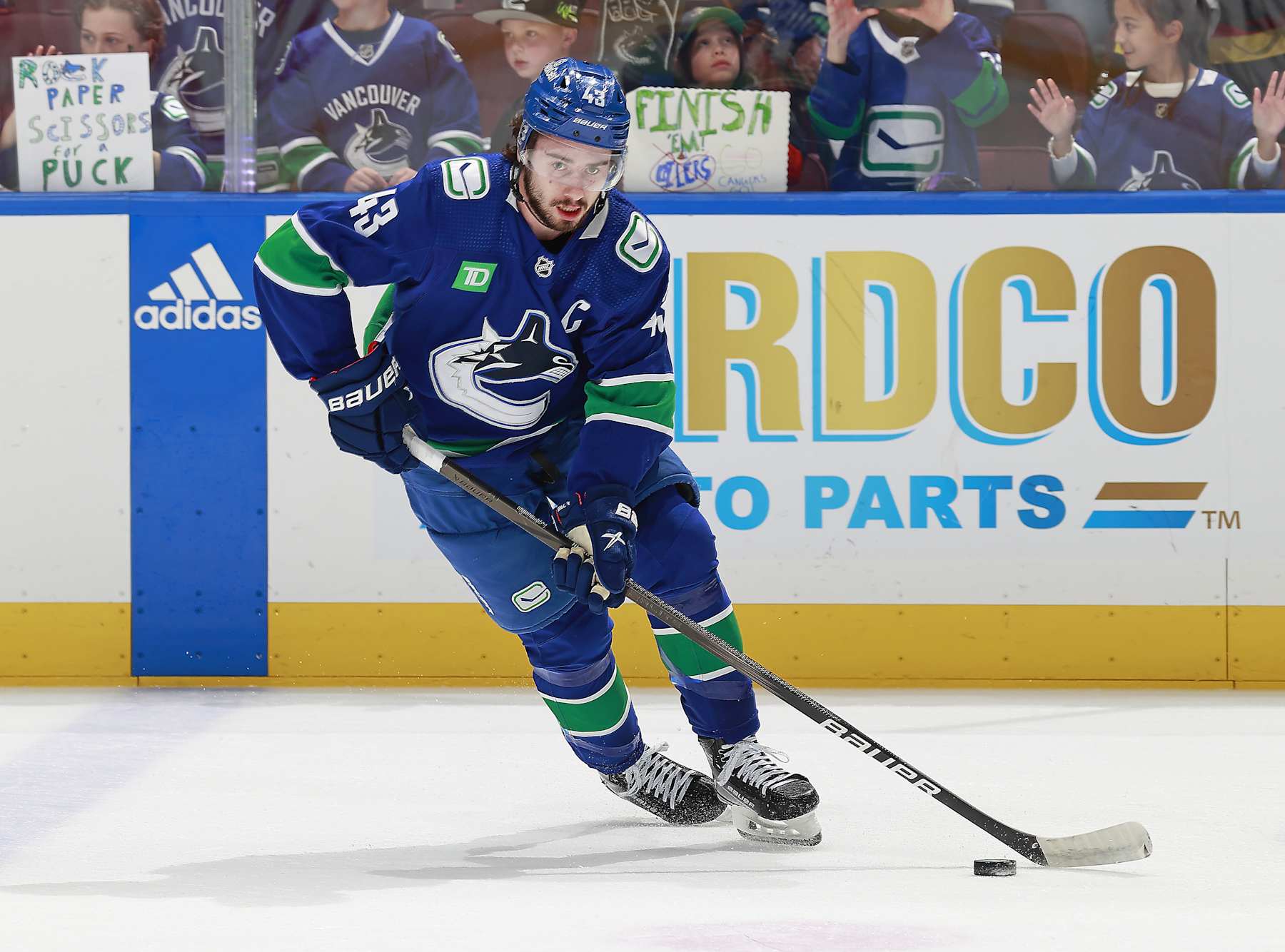 VANCOUVER, CANADA - MAY 20: Quinn Hughes #43 of the Vancouver Canucks skates up ice in Game Seven of the Second Round of the 2024 Stanley Cup Playoffs against the Edmonton Oilers at Rogers Arena on May 20, 2024 in Vancouver, British Columbia, Canada.  (Photo by Jeff Vinnick/NHLI via Getty Images)
